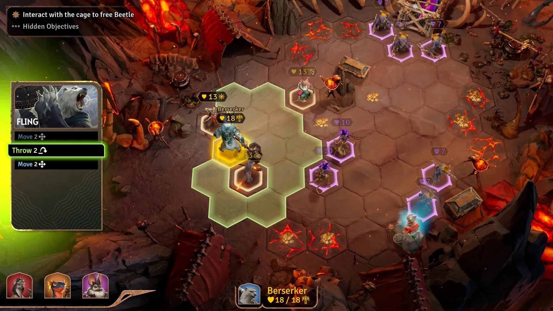 Sunderfolk: Tactical battle with Berserker on hex grid in fiery cave environment, action menu open