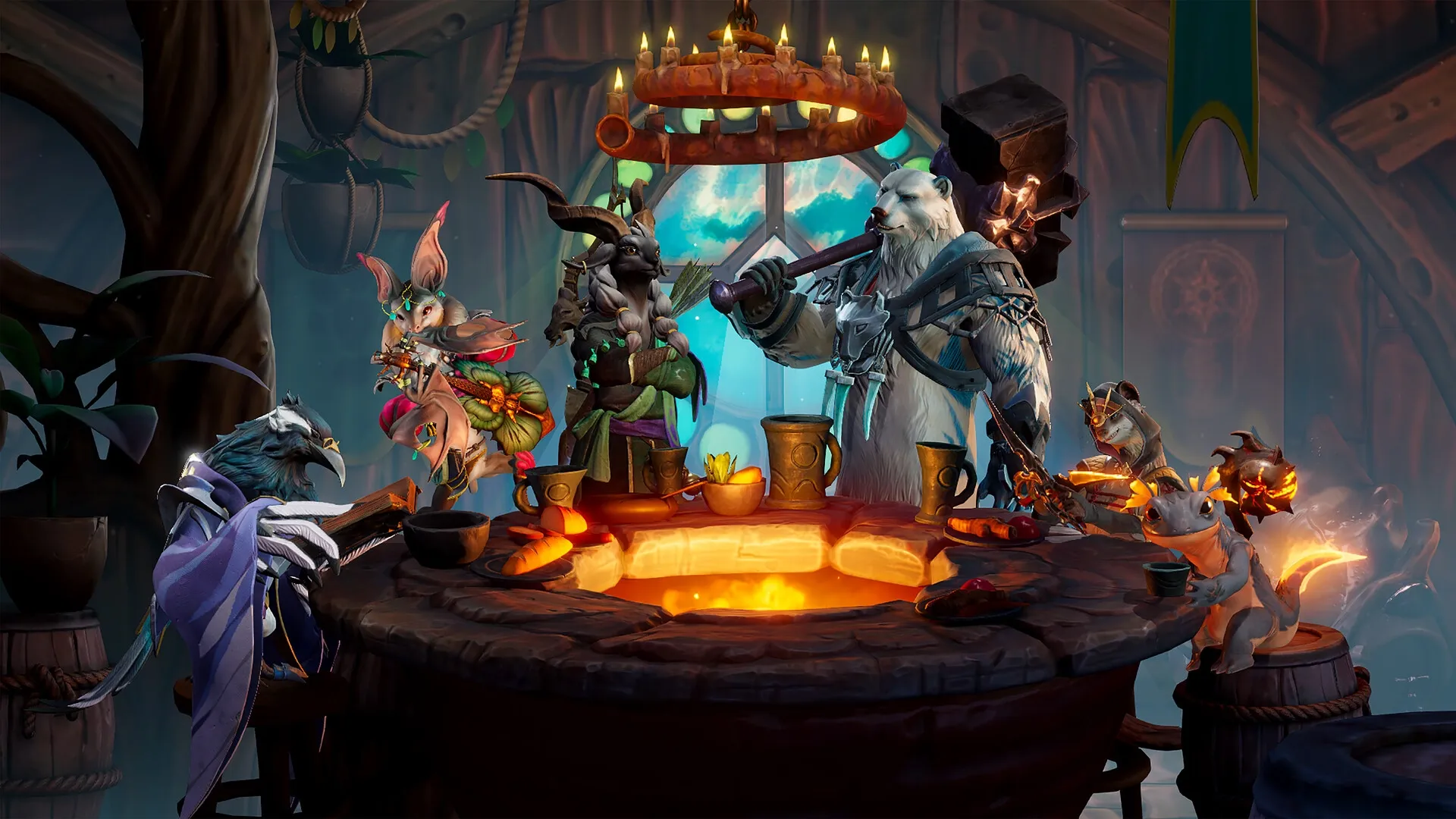 Sunderfolk: Diverse characters gather around a glowing table in a cozy, rustic tavern setting.