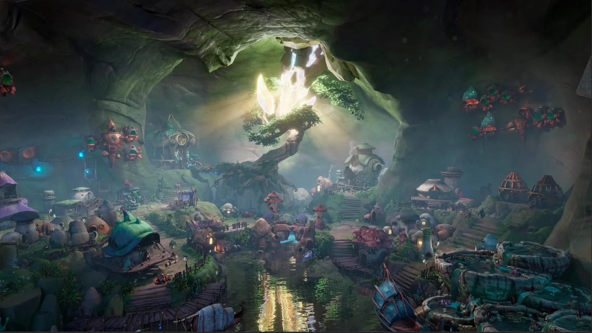 Sunderfolk: Enchanted village with glowing crystal and winding river under a lush cavern canopy