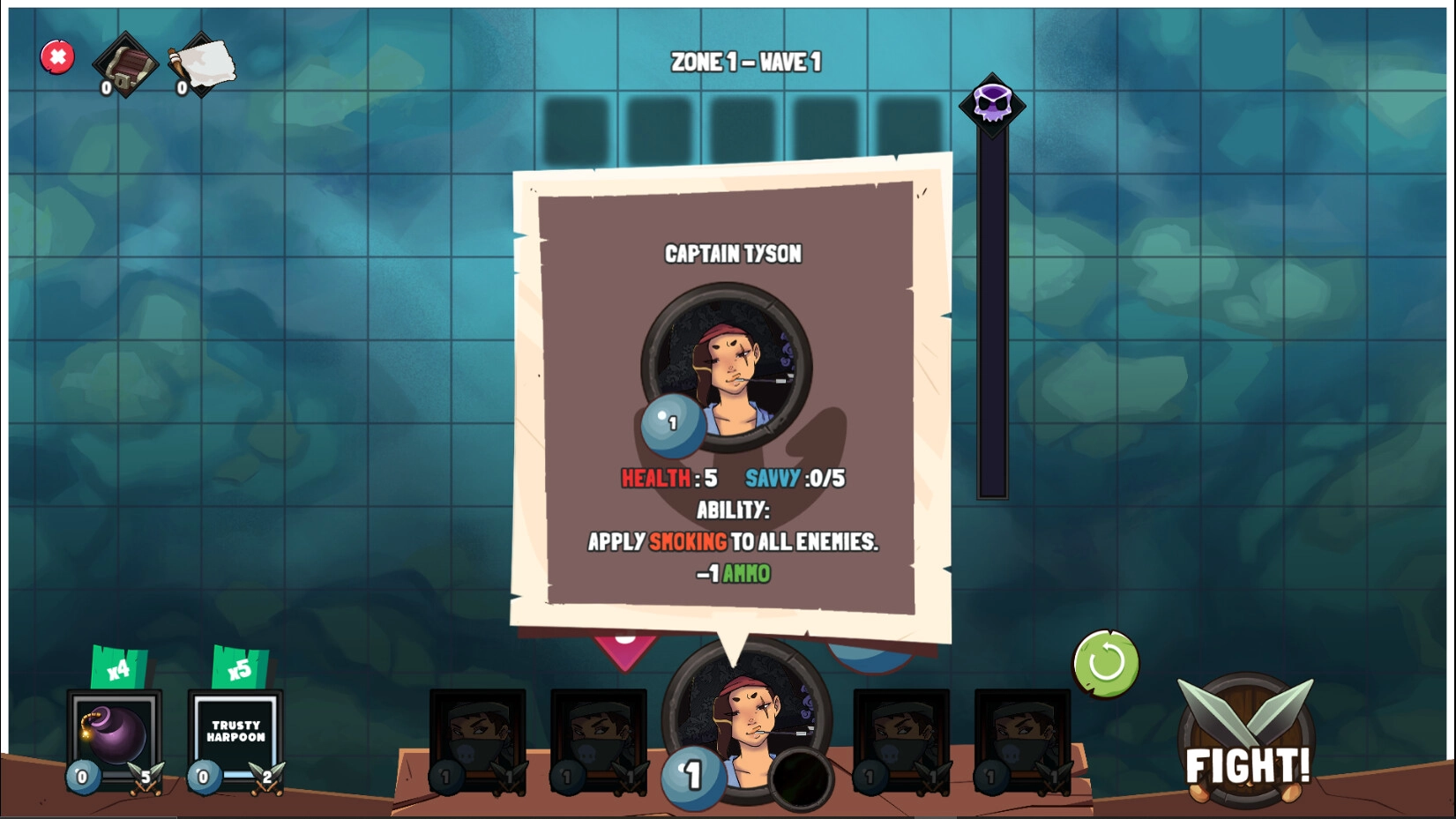 Sunken Stones: Captain Tyson's ability card displayed on a grid background with fight button visible