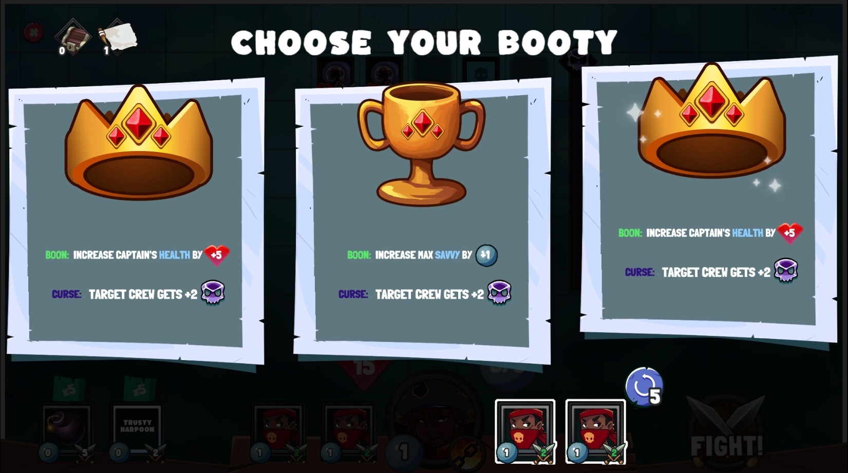 Sunken Stones: Choose your booty screen with three treasure options showing boons and curses.