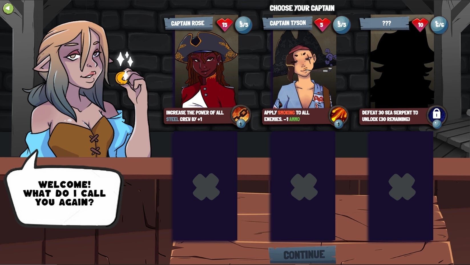 Sunken Stones: Character selection with Captain Rose and Captain Tyson options in a pirate tavern.