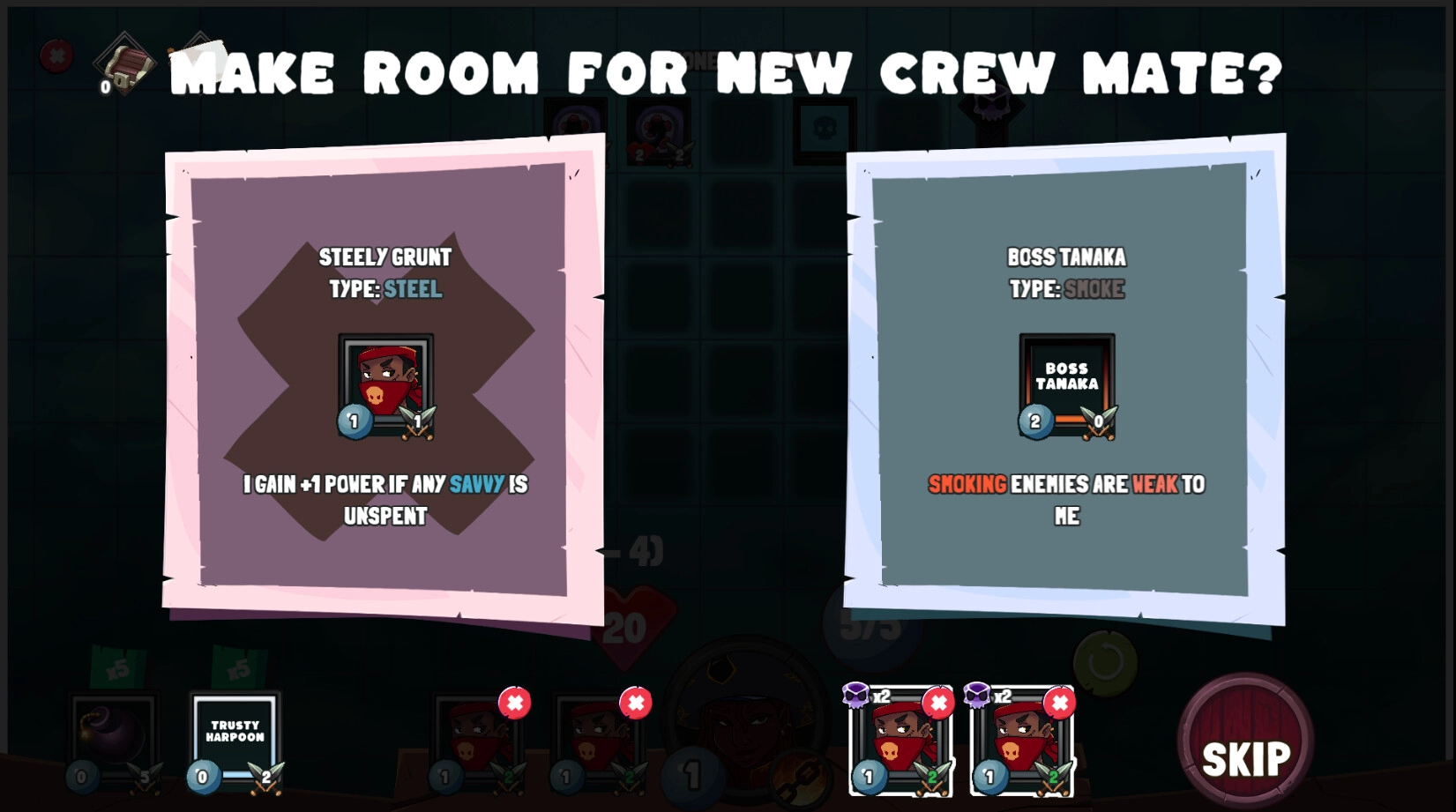 Sunken Stones: Crew selection screen featuring Steely Grunt and Boss Tanaka with stats and abilities.