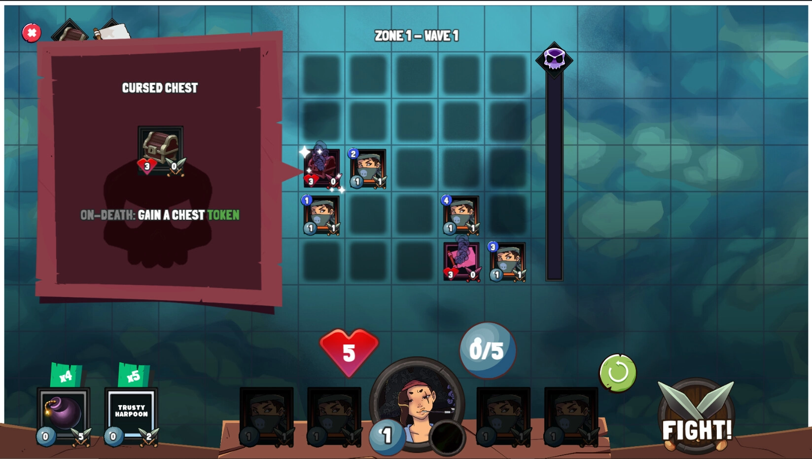 Sunken Stones: Grid-based battle with pirates and monsters, cursed chest details on the left panel