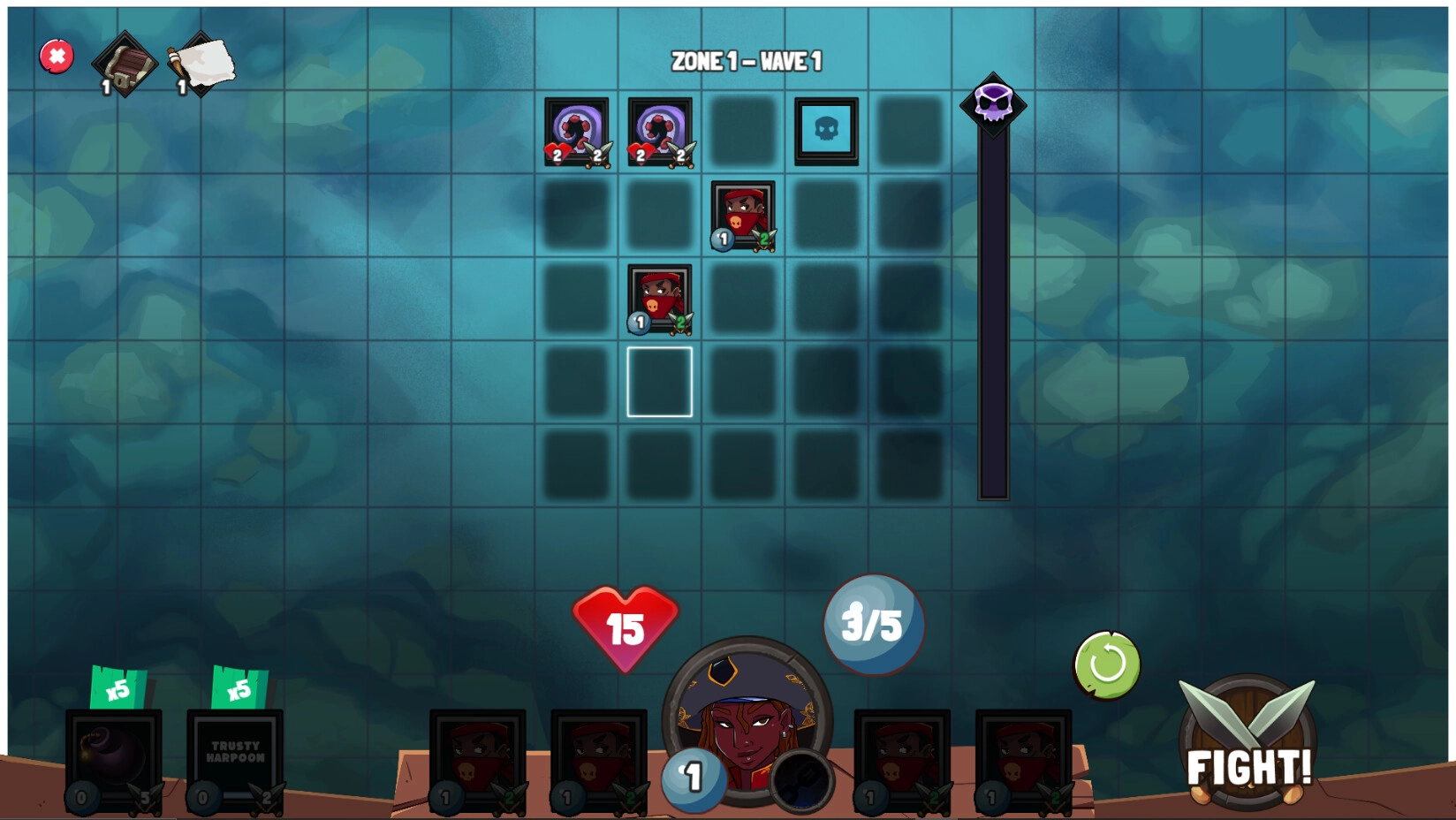 Sunken Stones: Pirate units and enemies strategically placed on a 5x5 grid, ready for battle.