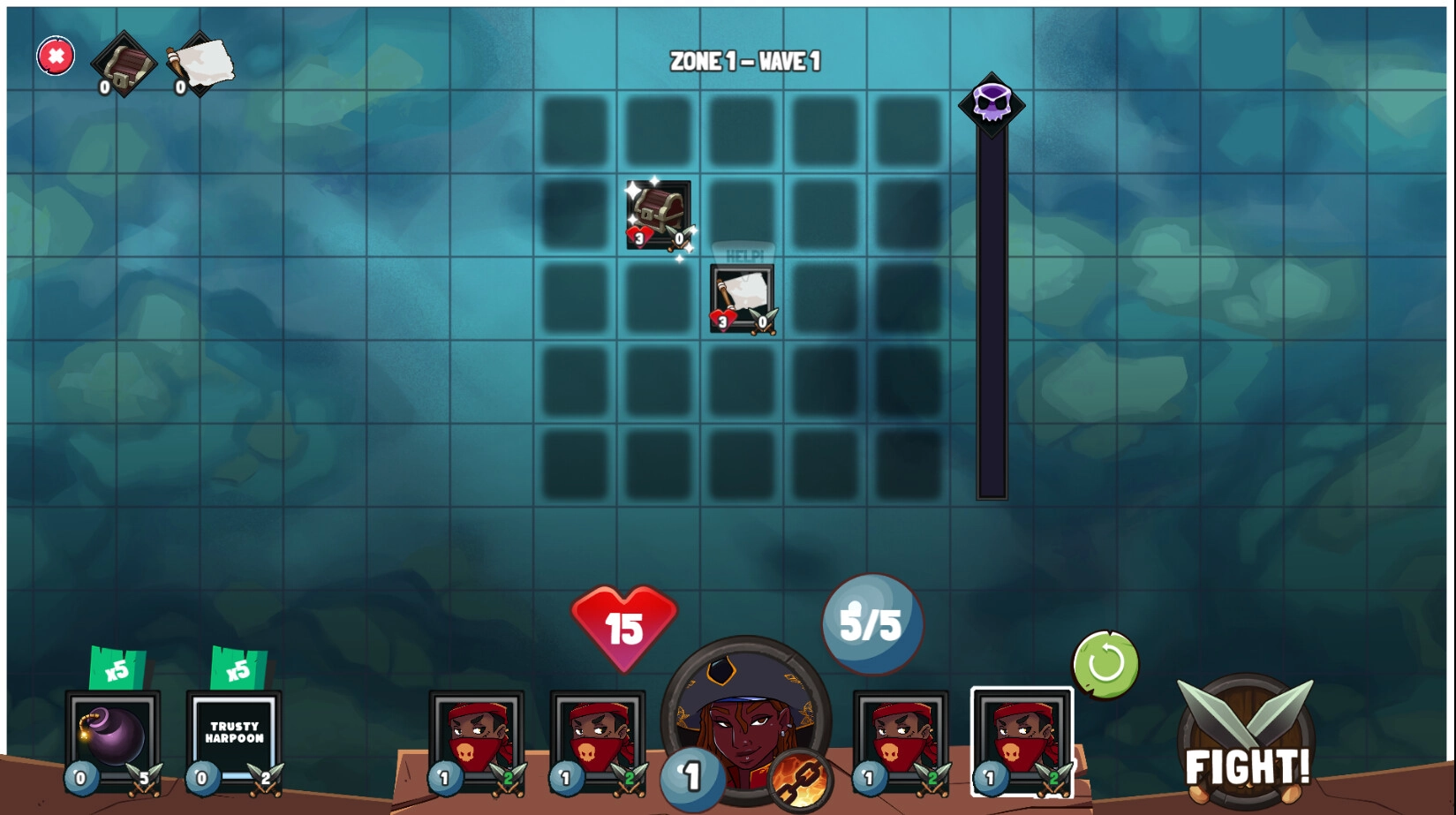 Sunken Stones: Pirate captain prepares for battle on a 5x5 grid with crew icons and health stats visible.