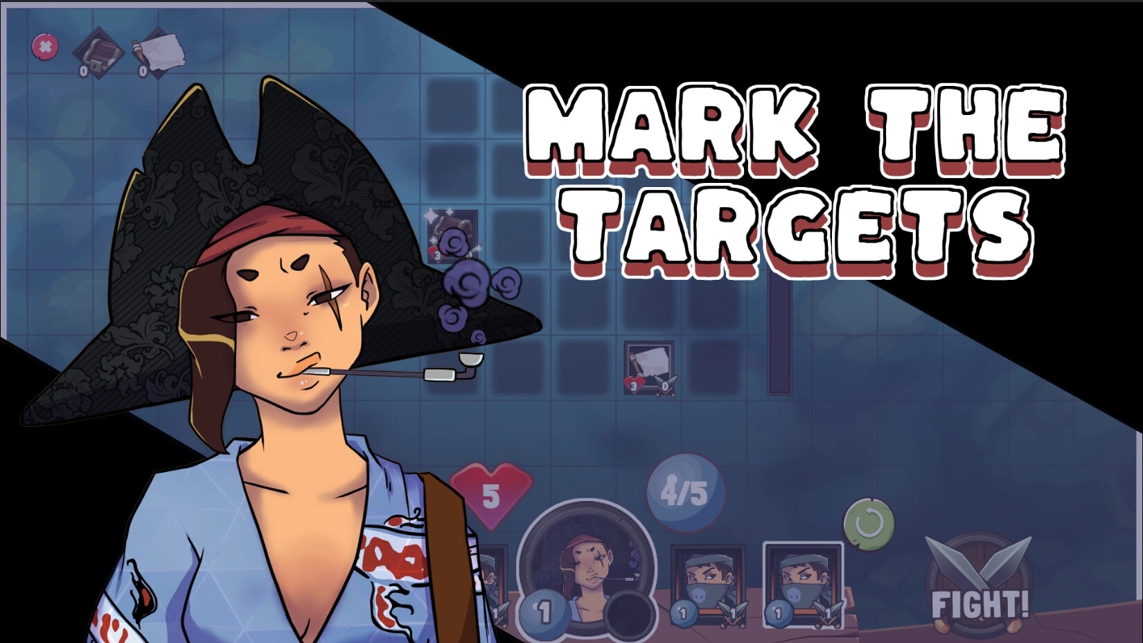 Sunken Stones: Pirate captain selection with "Mark the Targets" text on a strategic 5x5 grid interface.