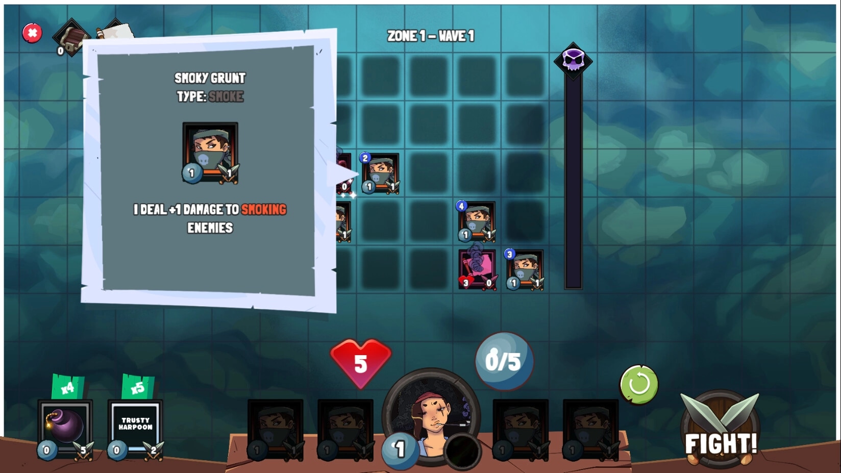 Sunken Stones: Smoky Grunt unit stats window open on a grid-based battle screen in Zone 1 - Wave 1.