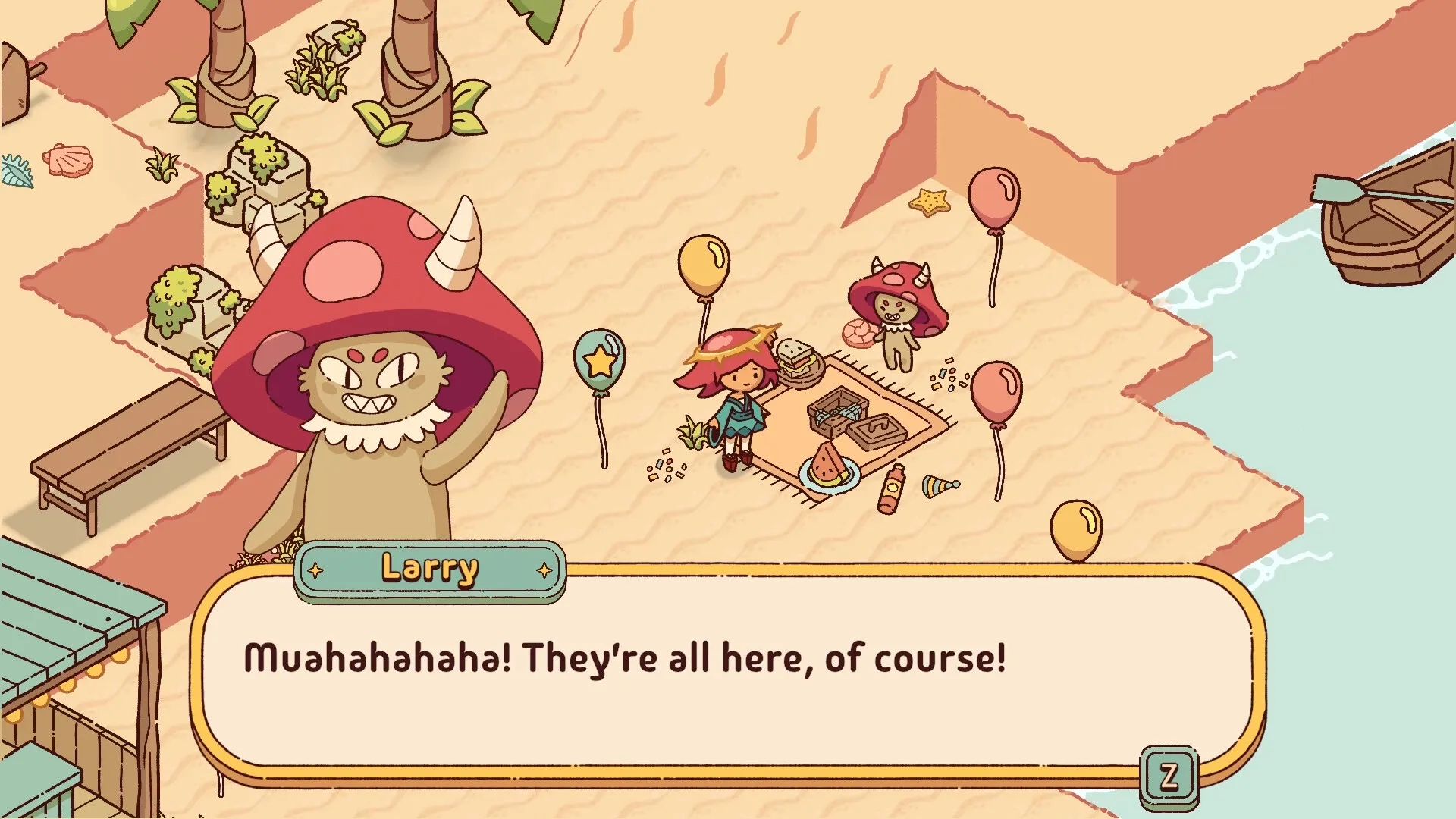 Sunny Trails: Amaterasu and Larry at a beach picnic with balloons, dialogue box showing Larry's text