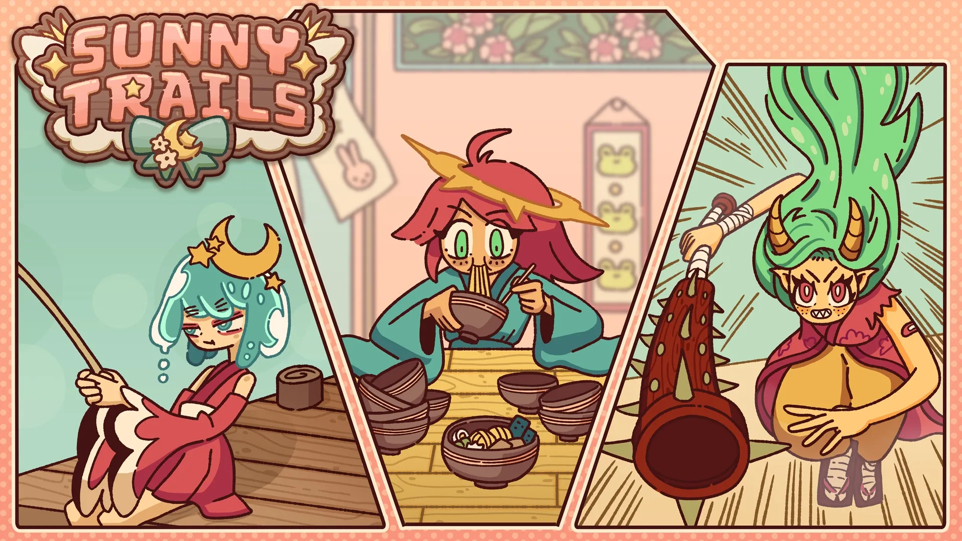Sunny Trails: Three characters in different scenes, one fishing, one eating ramen, one wielding a club.