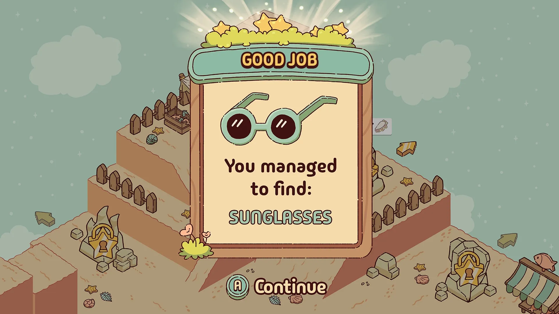 Sunny Trails: Reward screen shows sunglasses discovery in a whimsical, cliffside environment.