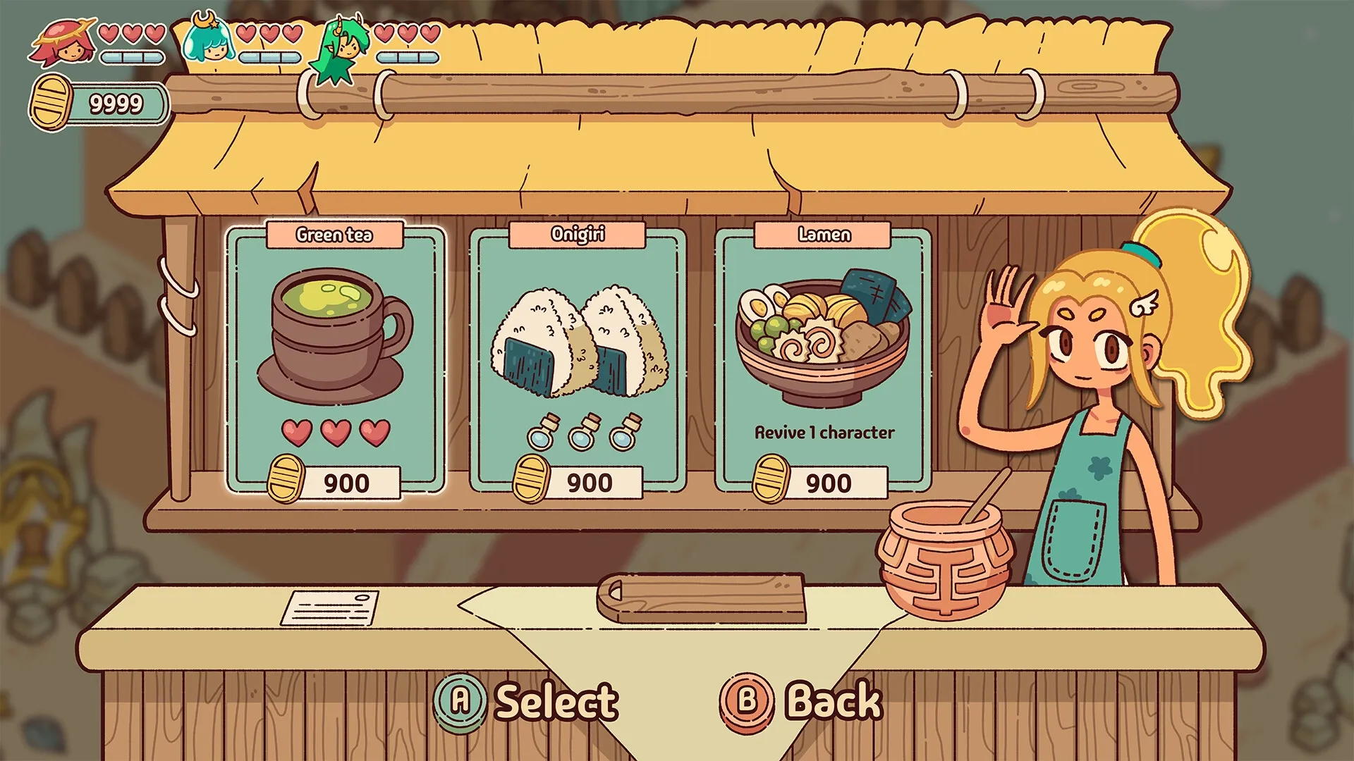 Sunny Trails: Shop interface with items like green tea, onigiri, and ramen offered by a friendly vendor