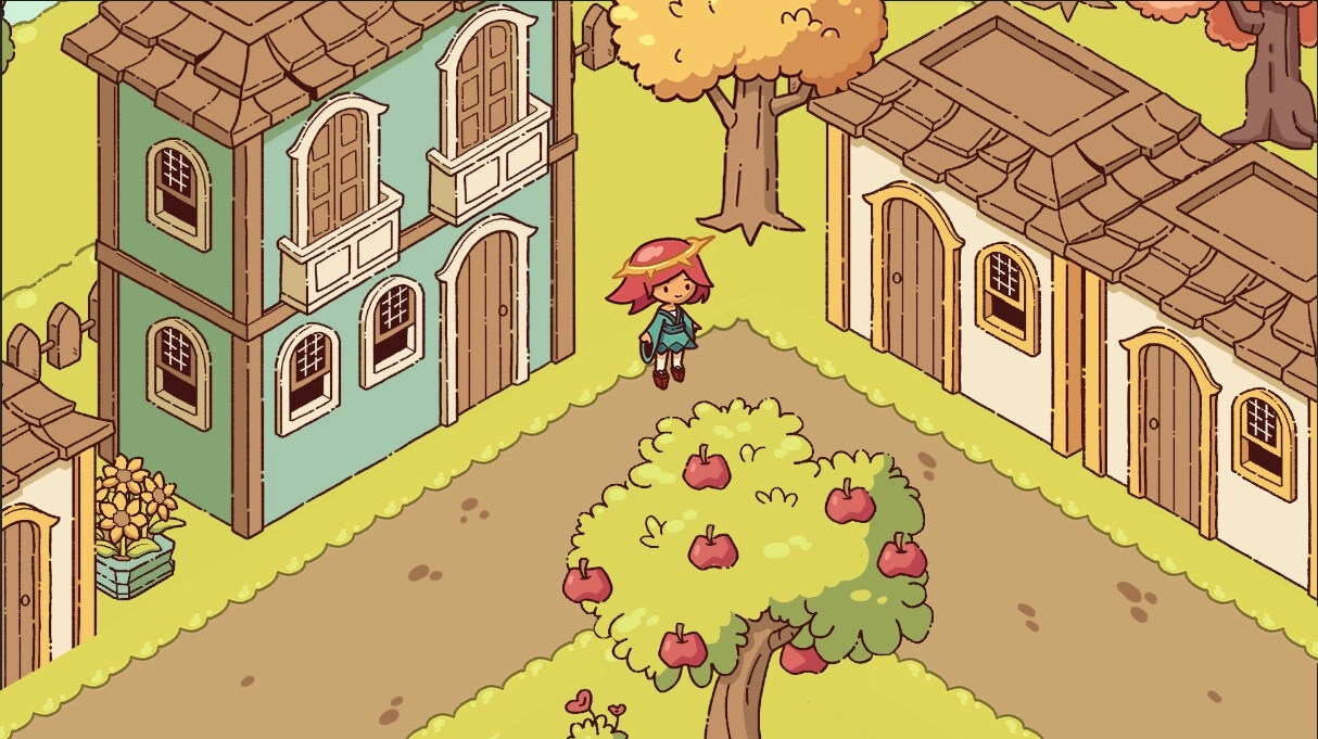 Sunny Trails: Amaterasu exploring quaint village with colorful houses and apple tree in autumn setting