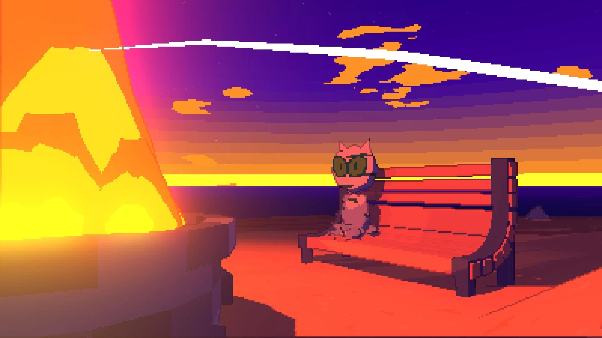 Sunrise Isles: Cat character wearing goggles sits on red bench by a campfire at sunset beach dock.
