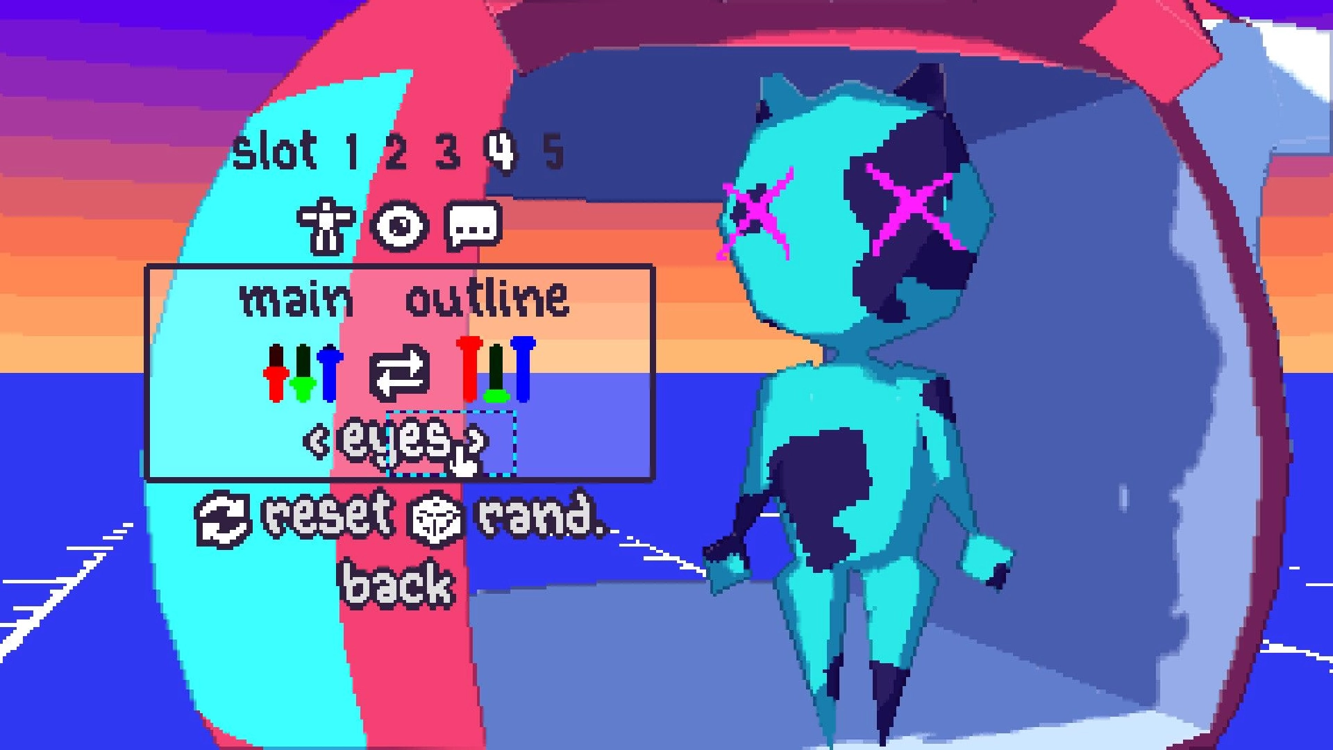Sunrise Isles: Character color customization menu over a masked avatar standing by the ocean at sunset.