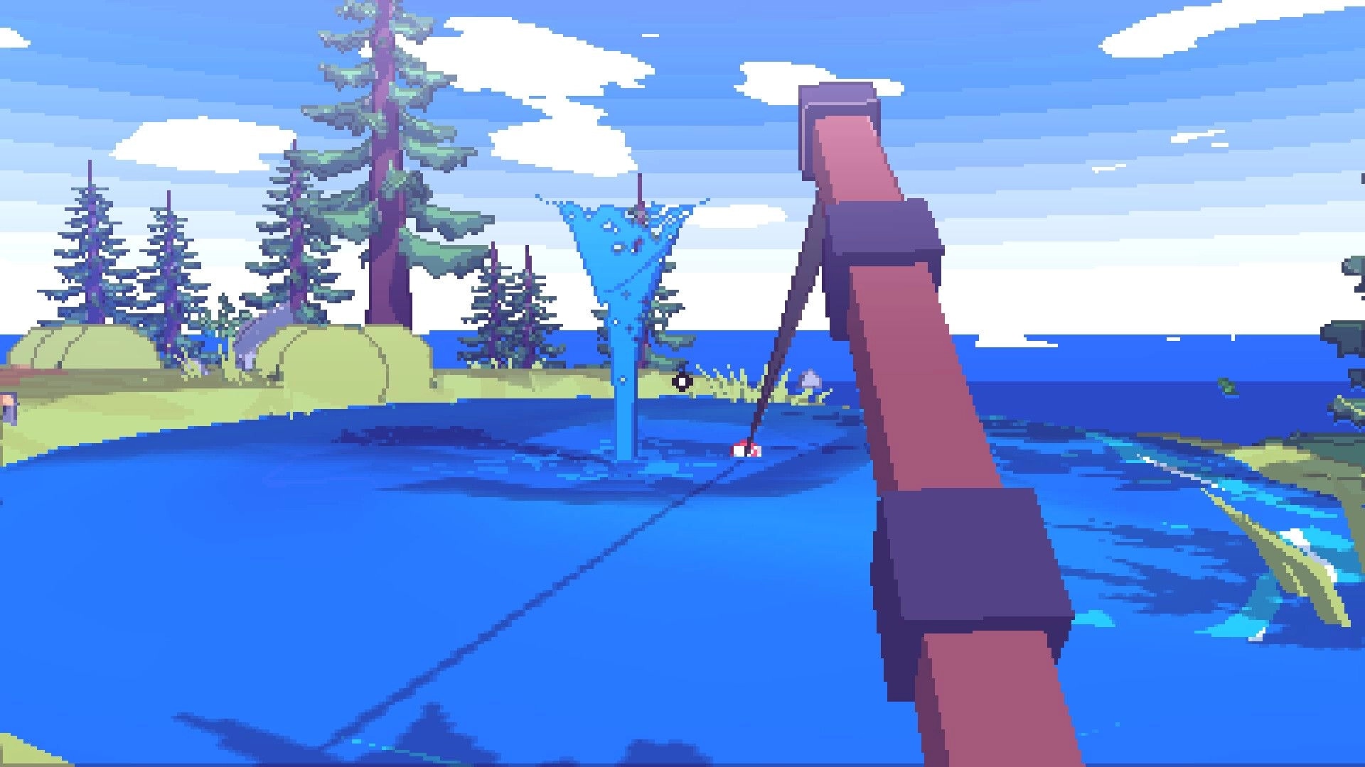 Sunrise Isles: First-person fishing with line cast at a splash ring on a lake beside pine trees.