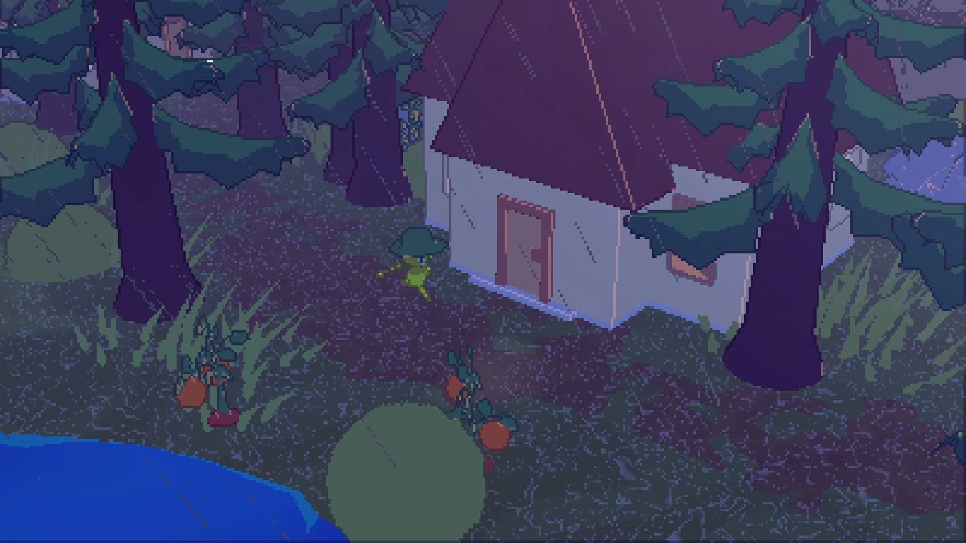 Sunrise Isles: Player character stands by a cottage door in a pine forest clearing beside water.