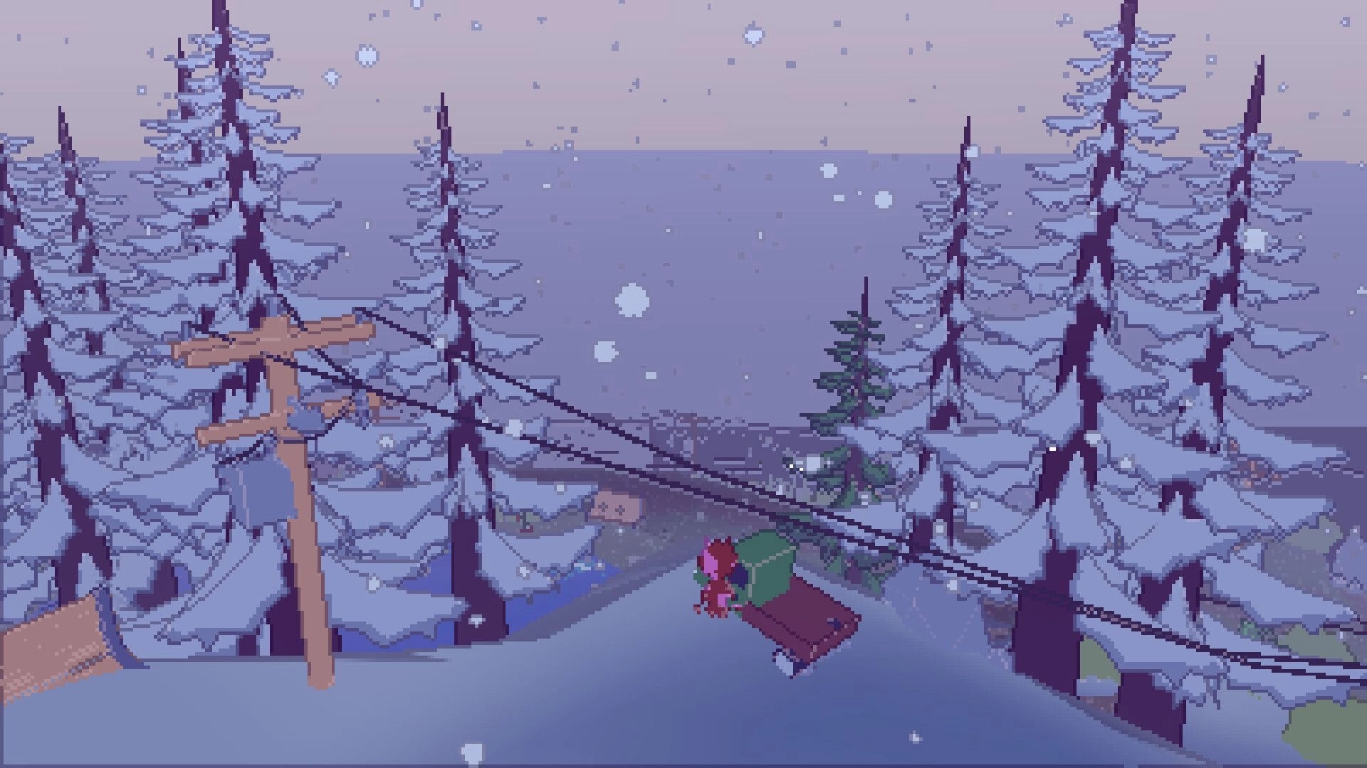 Sunrise Isles: Player stands by a parked truck on snowy road beside pine forest and power lines.