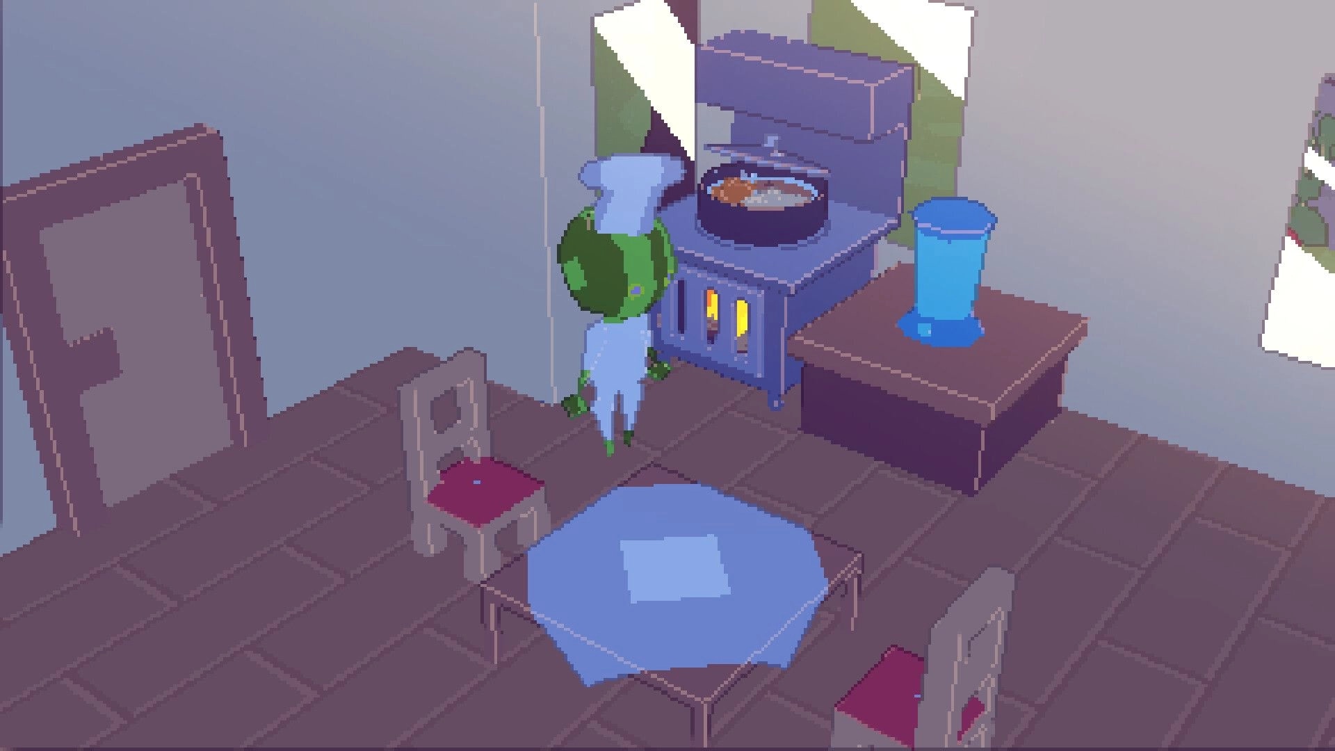 Sunrise Isles: Chef avatar stands by a lit stove cooking a pot meal in a small kitchen with table and chairs.
