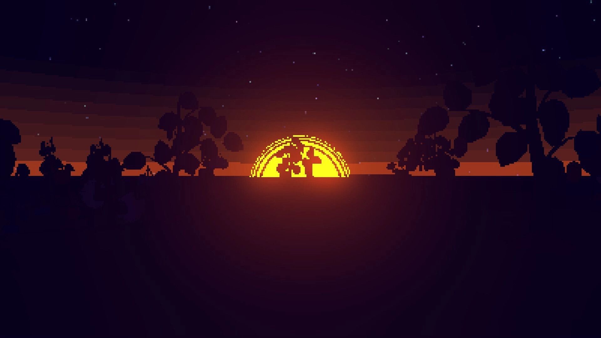 Sunrise Isles: Pixel sun setting behind island trees under starry night sky with dark silhouettes.