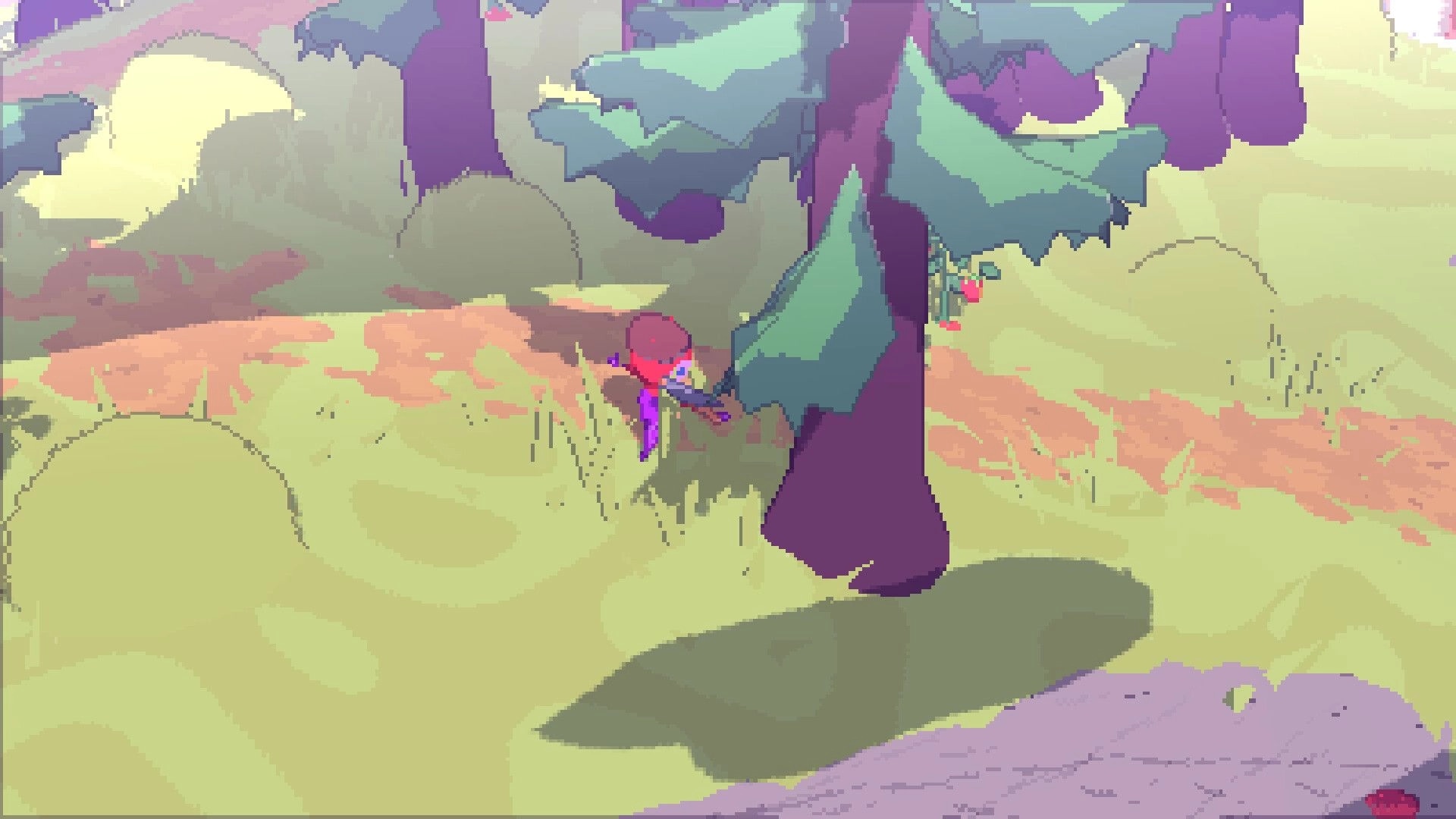Sunrise Isles: Player chops a tall pine tree with an axe on a sunny forest path with shrubs.