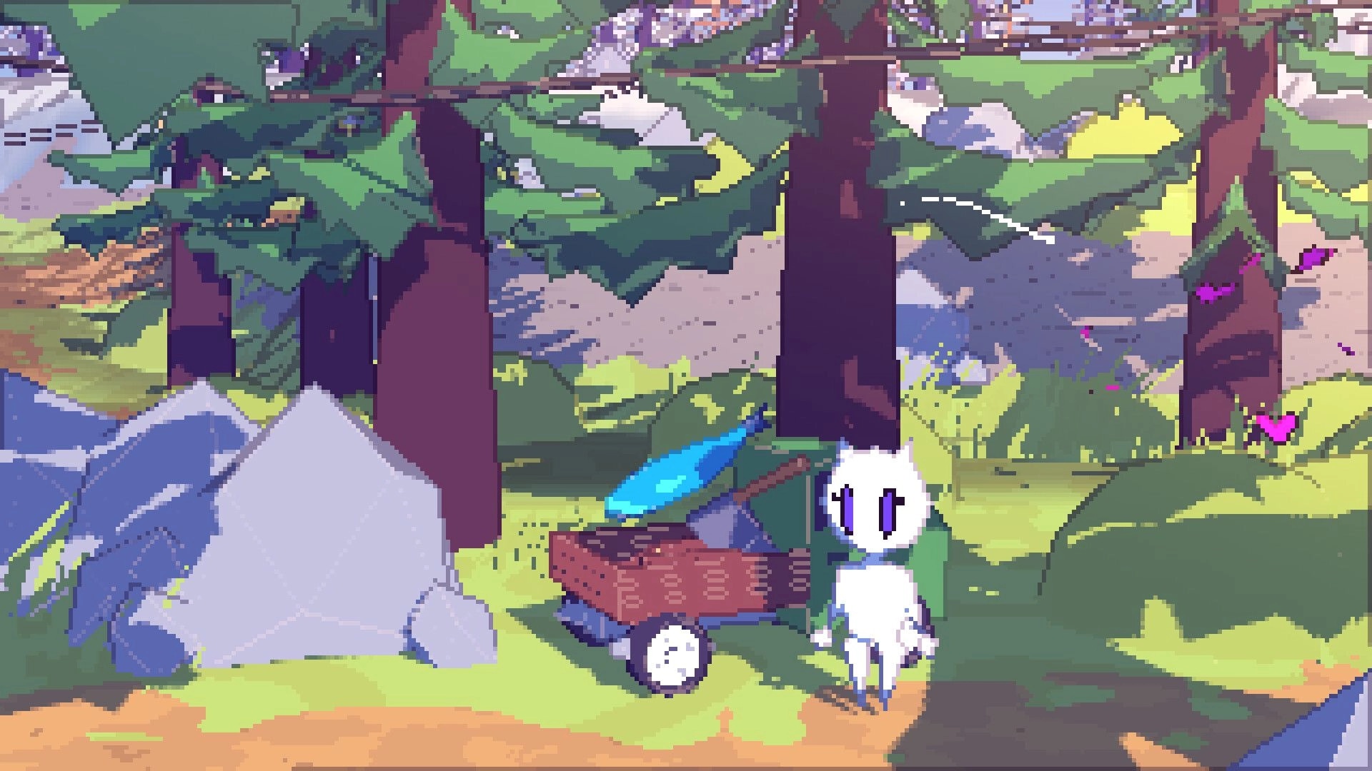 Sunrise Isles: White cat character beside a wheelbarrow and shovel in a sunny forest clearing.