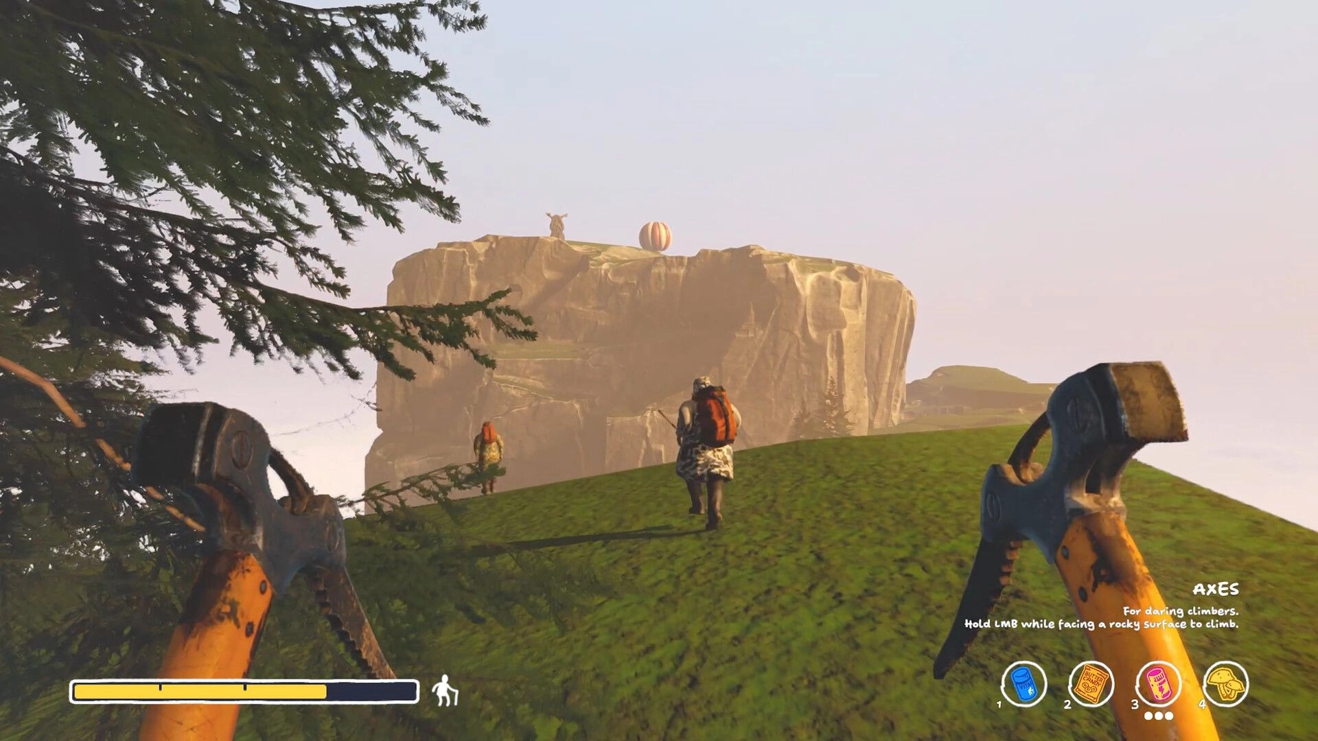 Sunset Summit: First-person climber holding axes, chasing teammate toward a tall cliff at sunset.