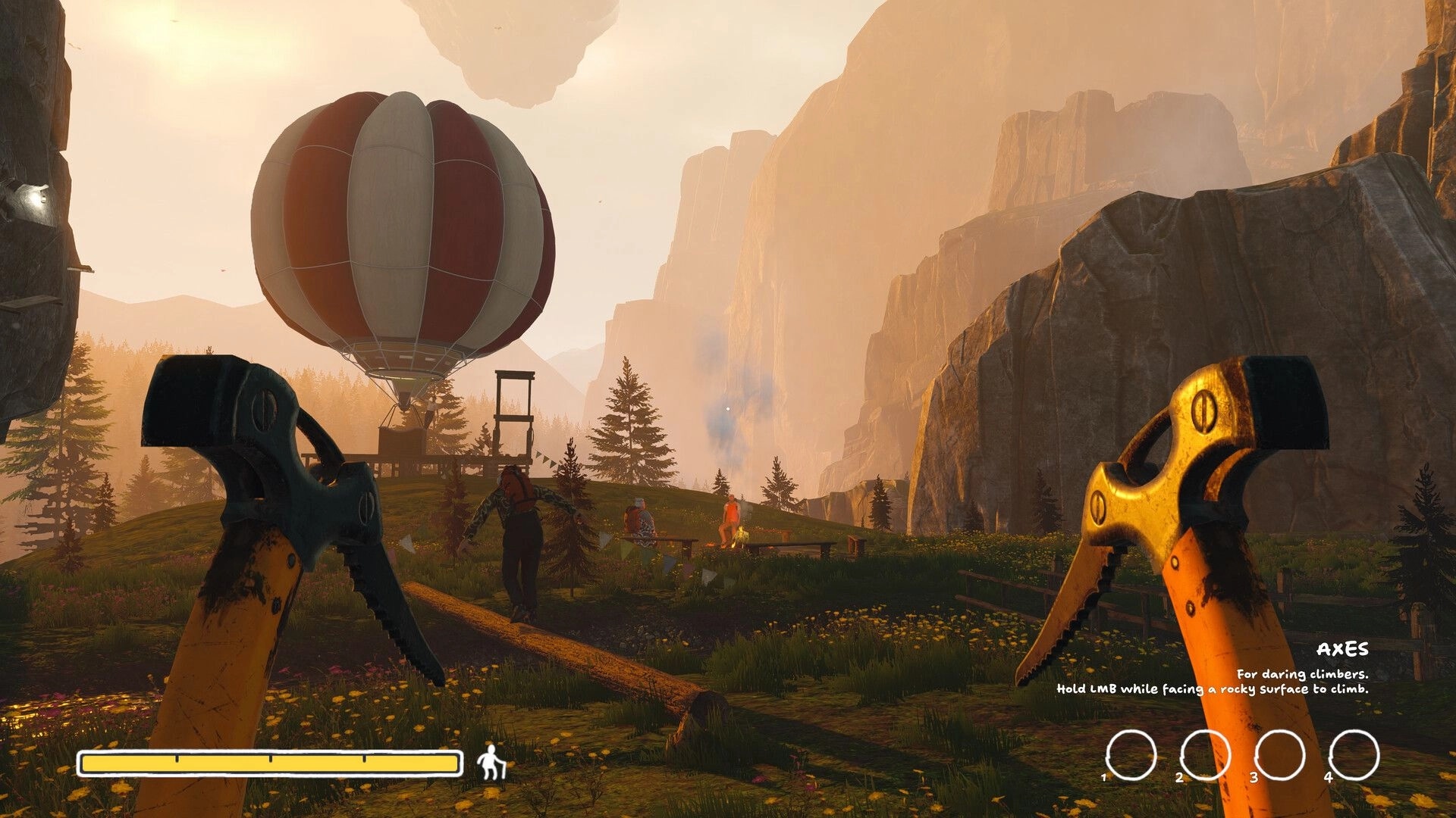 Sunset Summit: First-person axes tutorial HUD at balloon camp in a misty mountain valley at sunset.