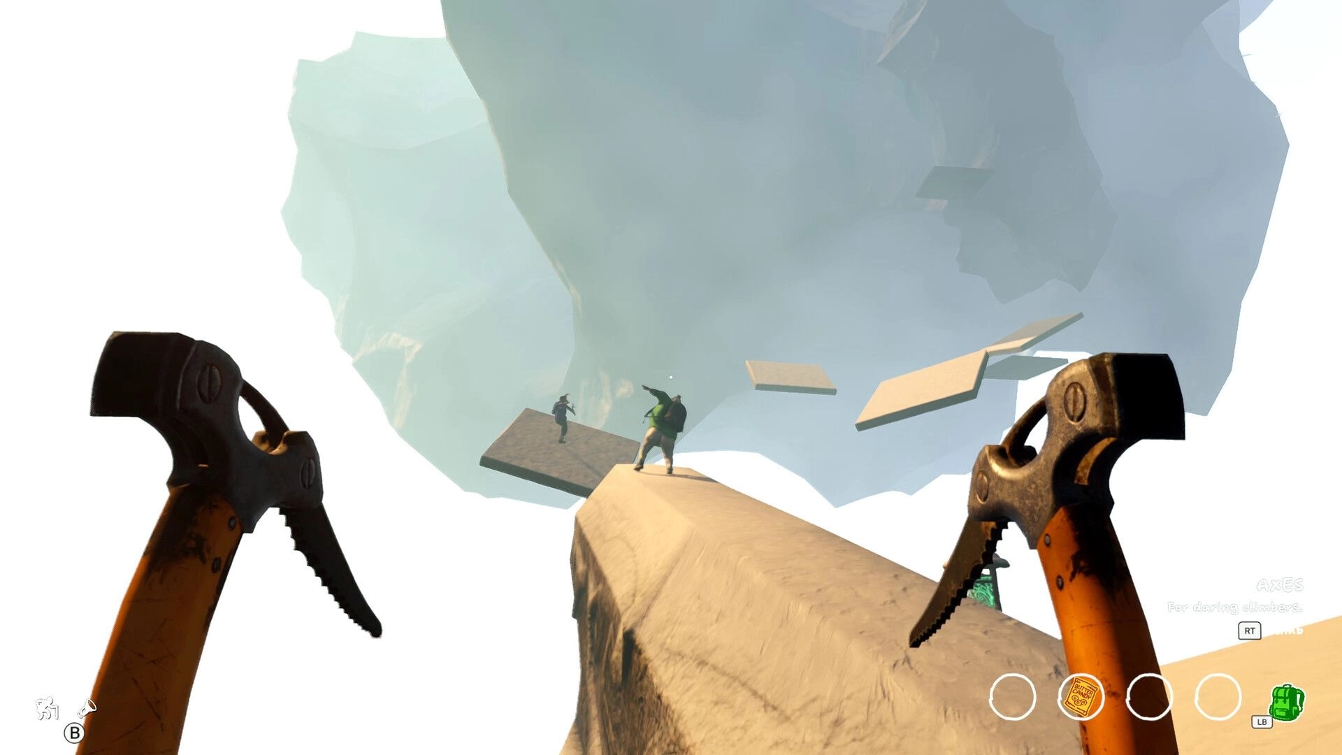 Sunset Summit: First-person climbing with dual ice axes on floating ledges in a foggy canyon.