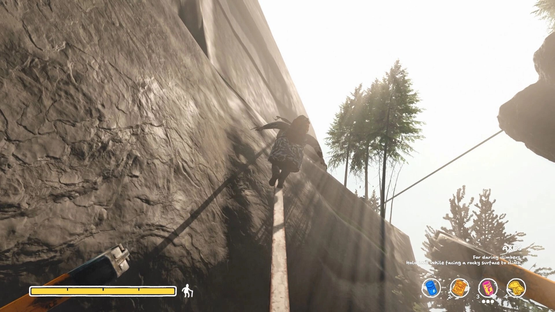 Sunset Summit: Player climbs a rope up a sheer cliff with axe hint text and item icons in forest light.