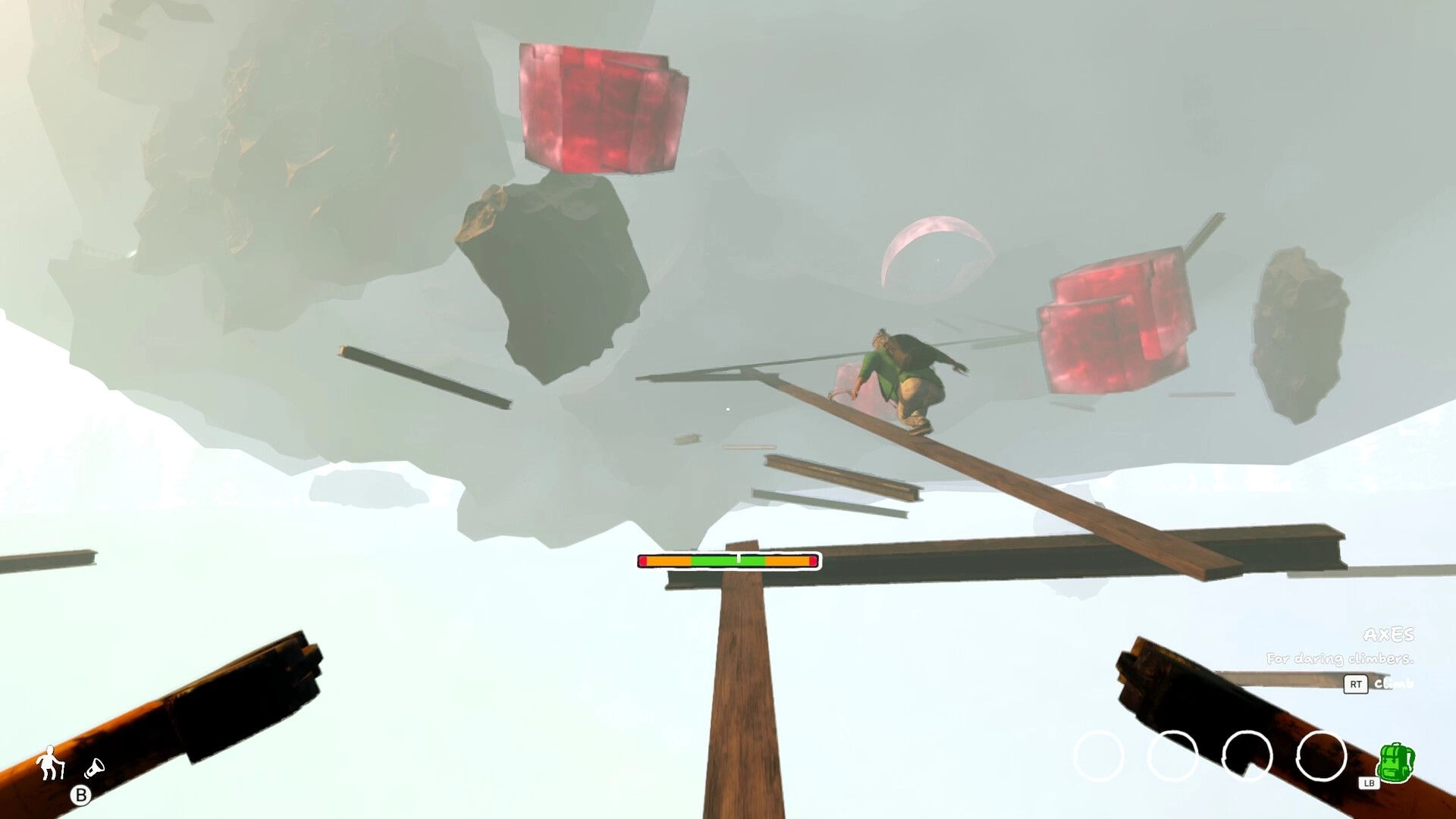 Sunset Summit: First-person climber balances on narrow planks above clouds with stamina bar HUD.