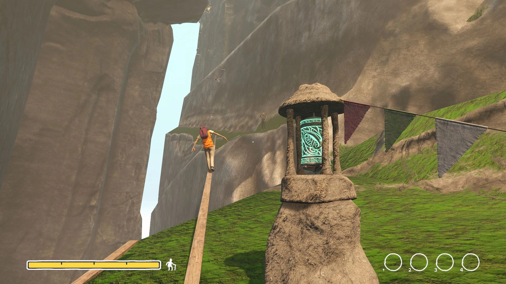 Sunset Summit: Player balancing on a narrow plank past a glowing checkpoint lantern in a rocky canyon.
