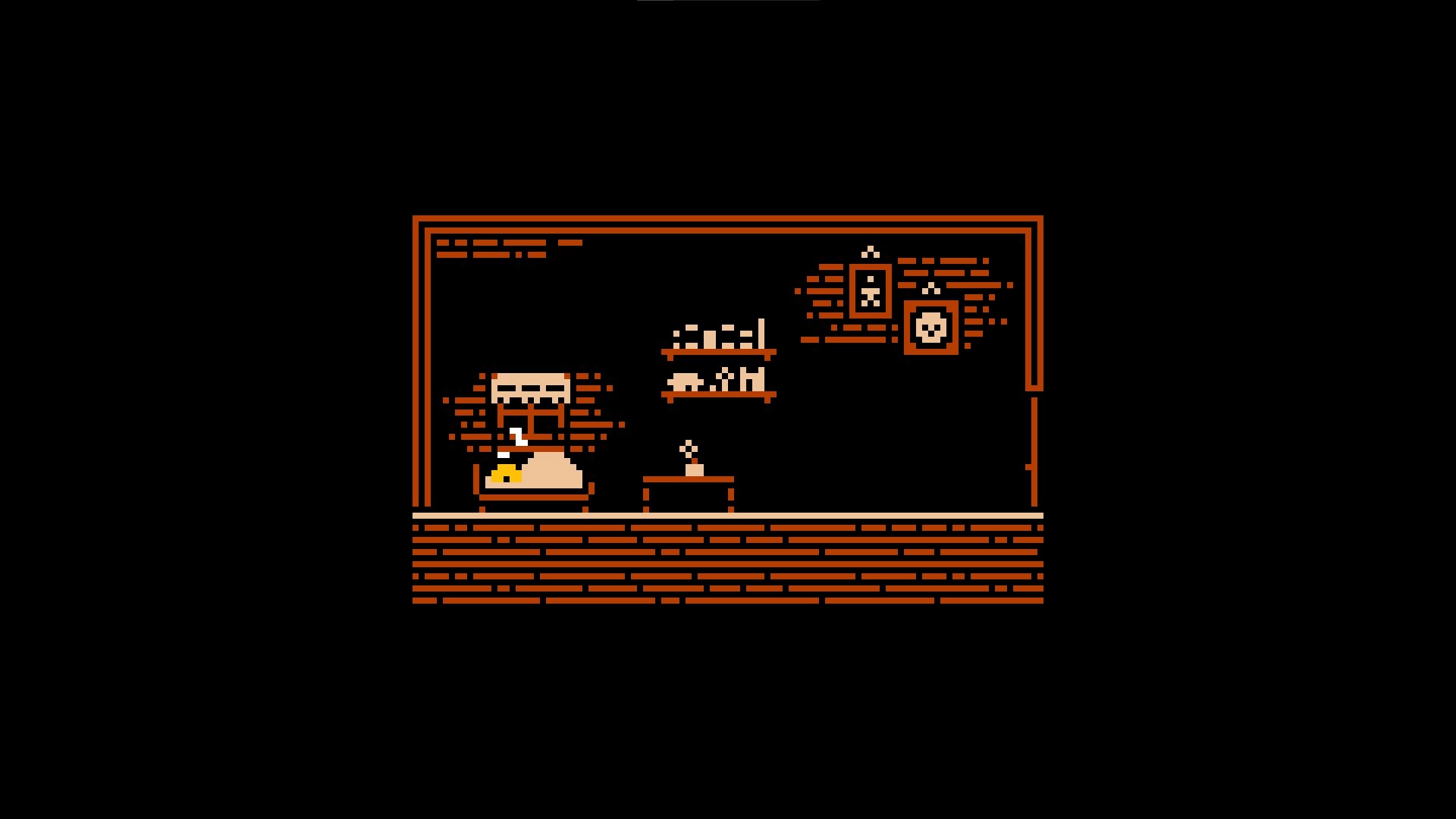 SUPER ADVENTURE: Pixelated cozy room with sleeping character, shelves, and wall pictures in retro style