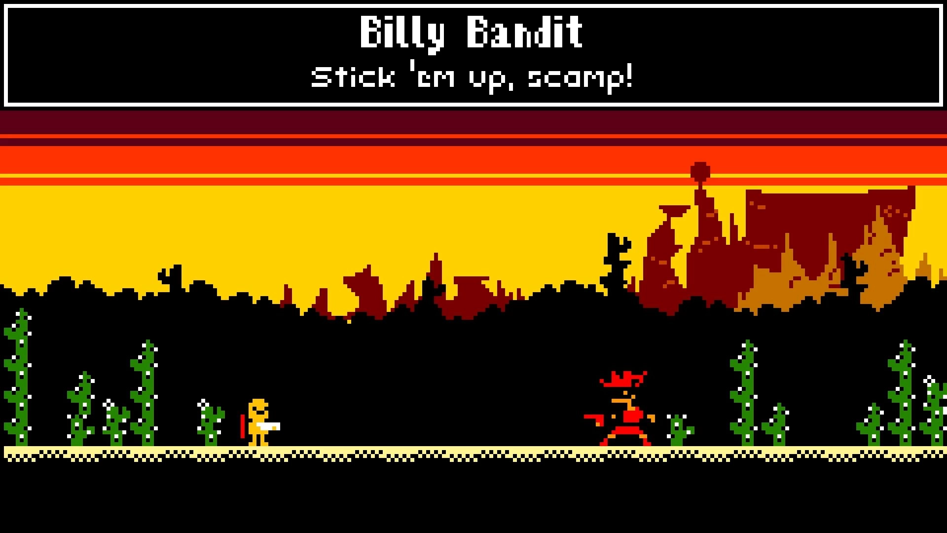 SUPER ADVENTURE: Confronting Billy Bandit in a pixelated desert landscape with towering cacti and sunset.