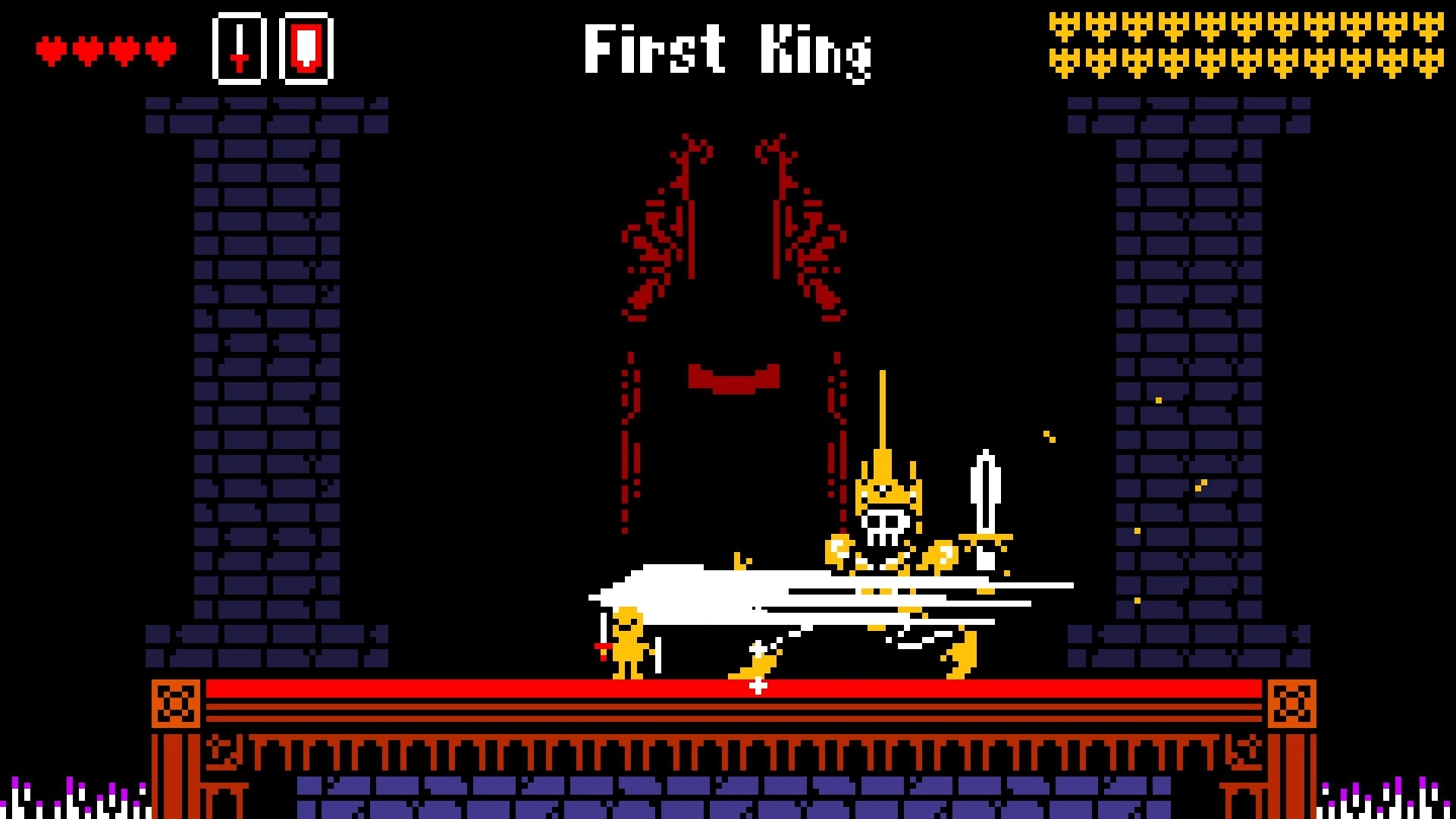 SUPER ADVENTURE: Intense boss fight with First King in dark castle arena, health and weapon UI visible