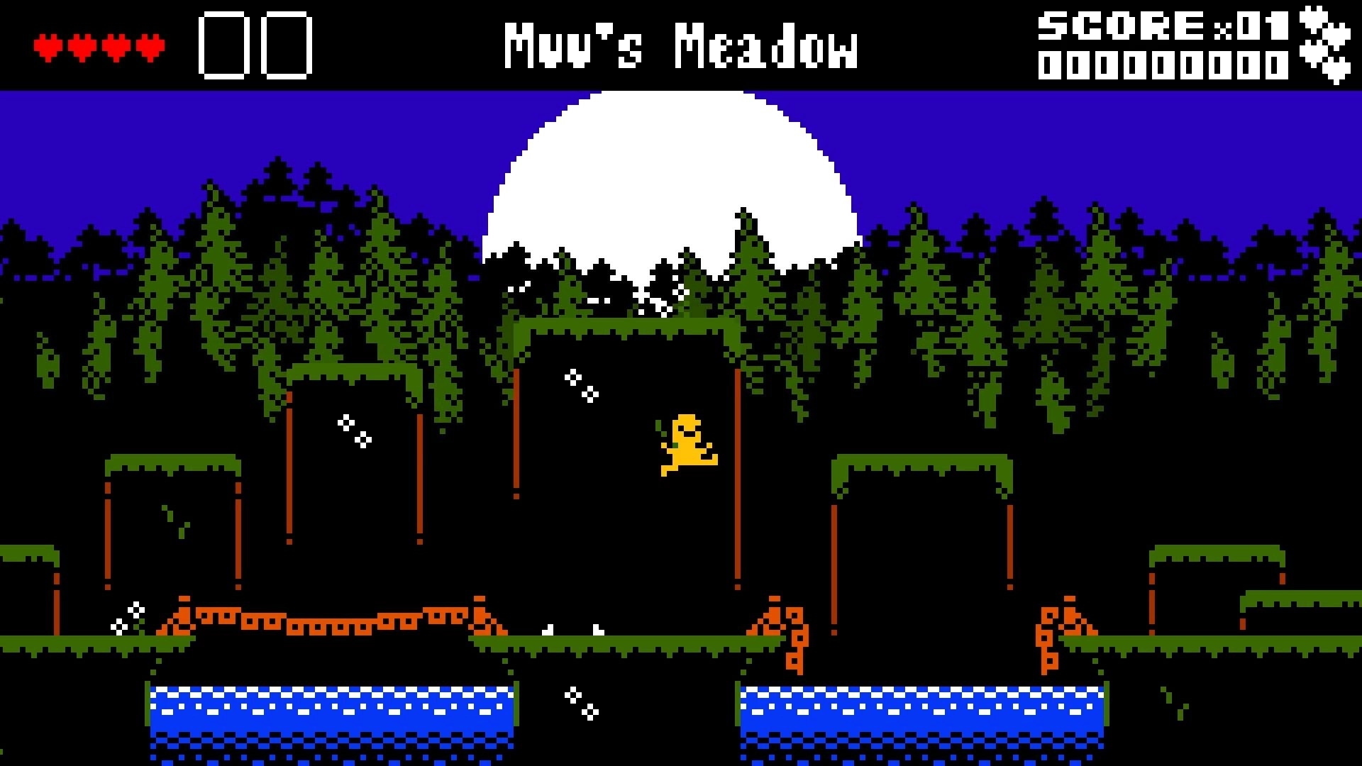 SUPER ADVENTURE: Character jumping on platforms in a forest with a full moon in Muv's Meadow