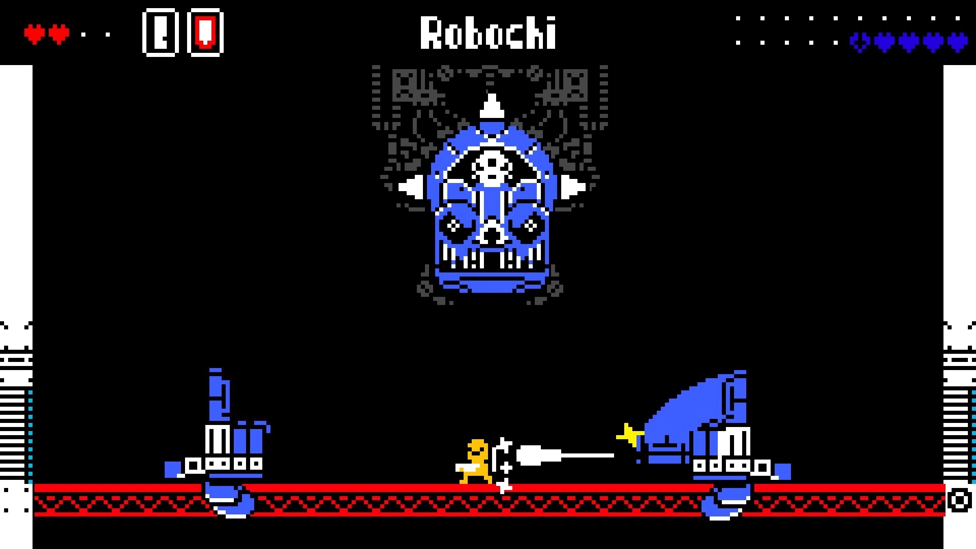 SUPER ADVENTURE: Player battles boss Robochi in a dark arena with pixelated graphics and health bars.