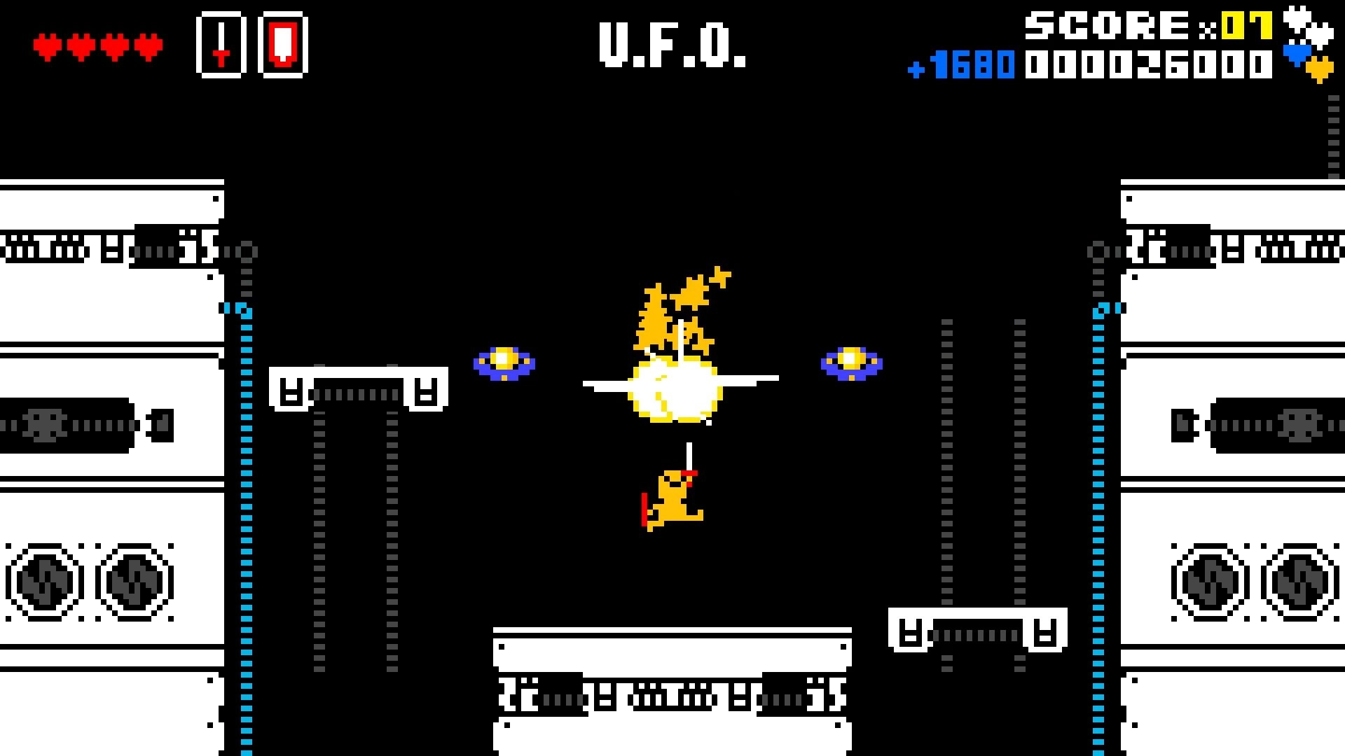 SUPER ADVENTURE: Hero jumping to attack UFO boss amidst platforms in a pixelated arena setting