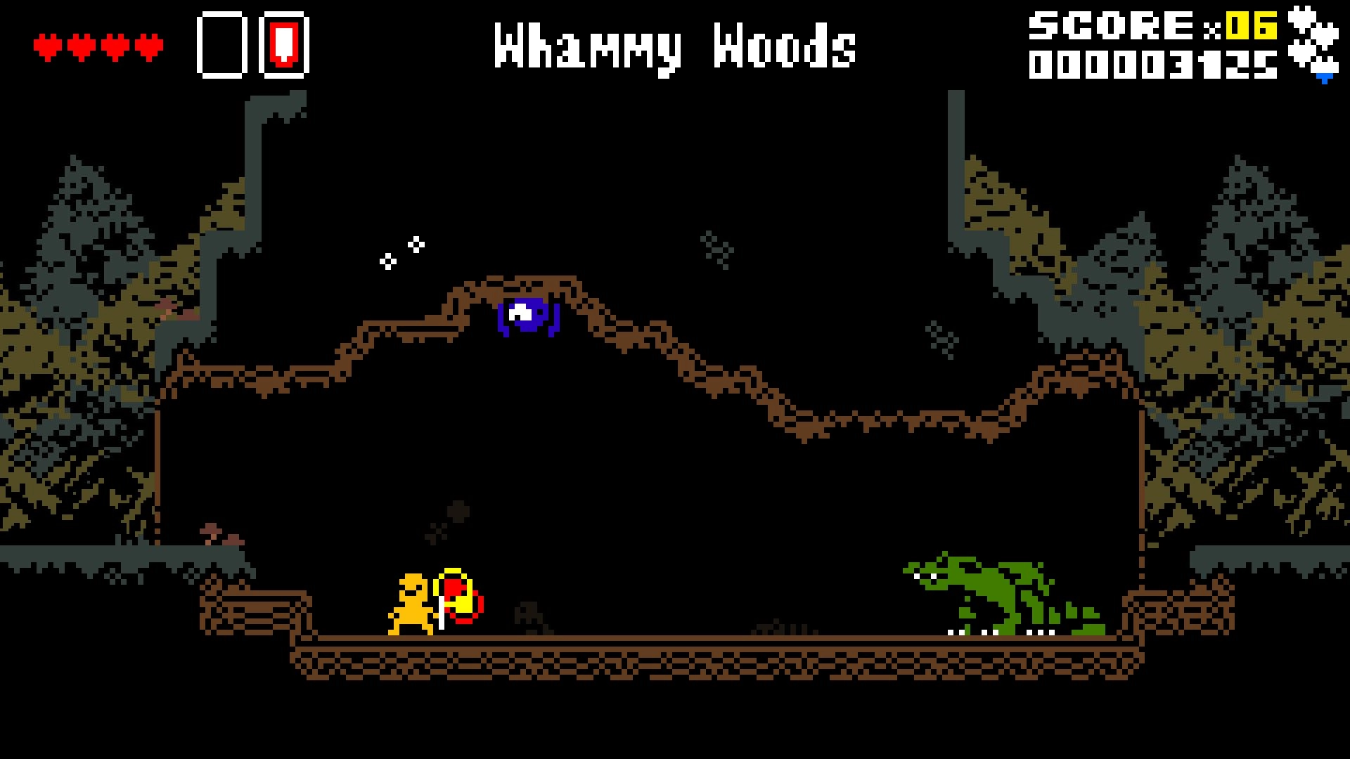 SUPER ADVENTURE: Character with shield faces enemy in dark cave setting of Whammy Woods level.