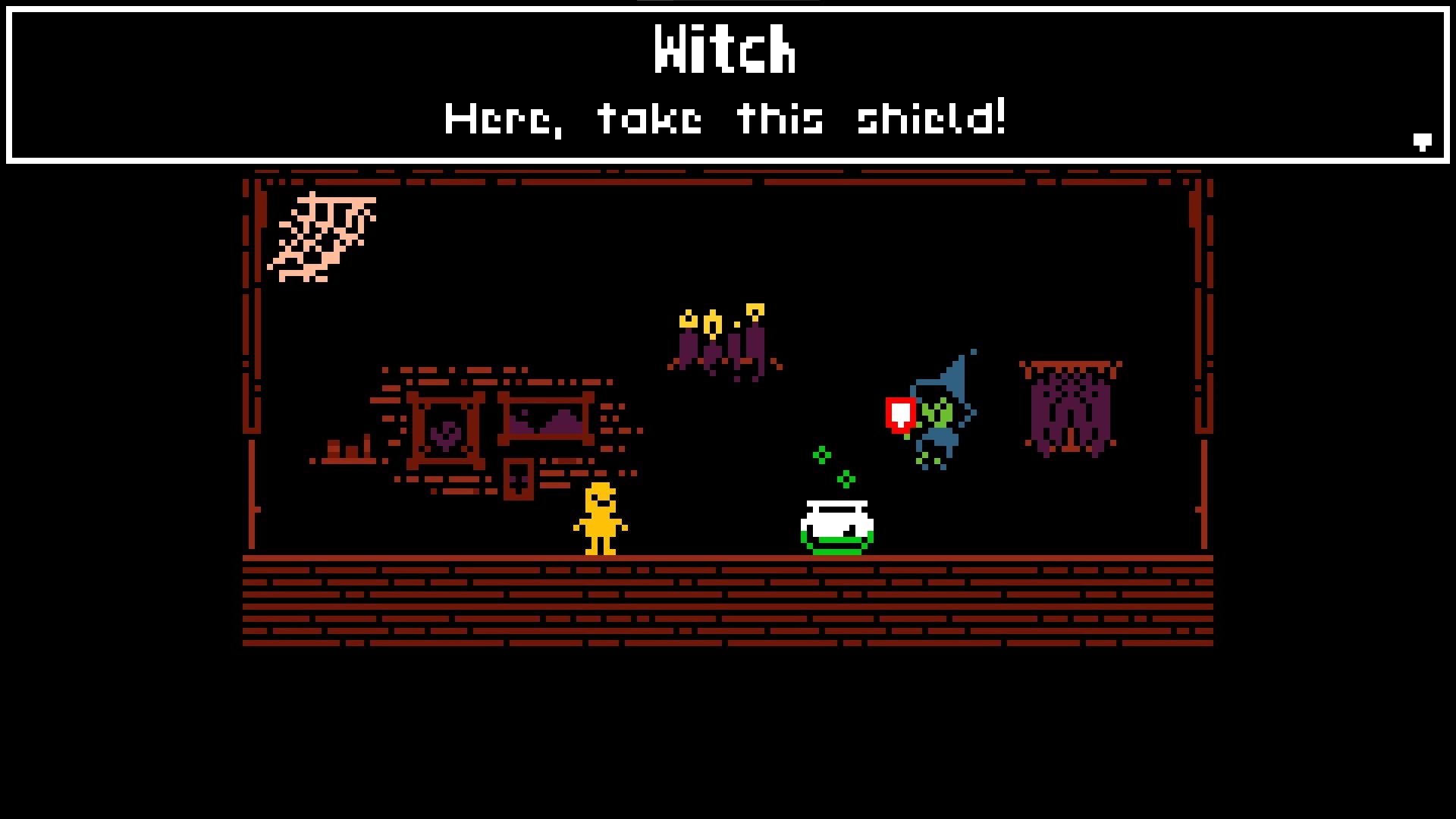 SUPER ADVENTURE: Witch offers shield to player in a dimly lit room with cauldron and candles.
