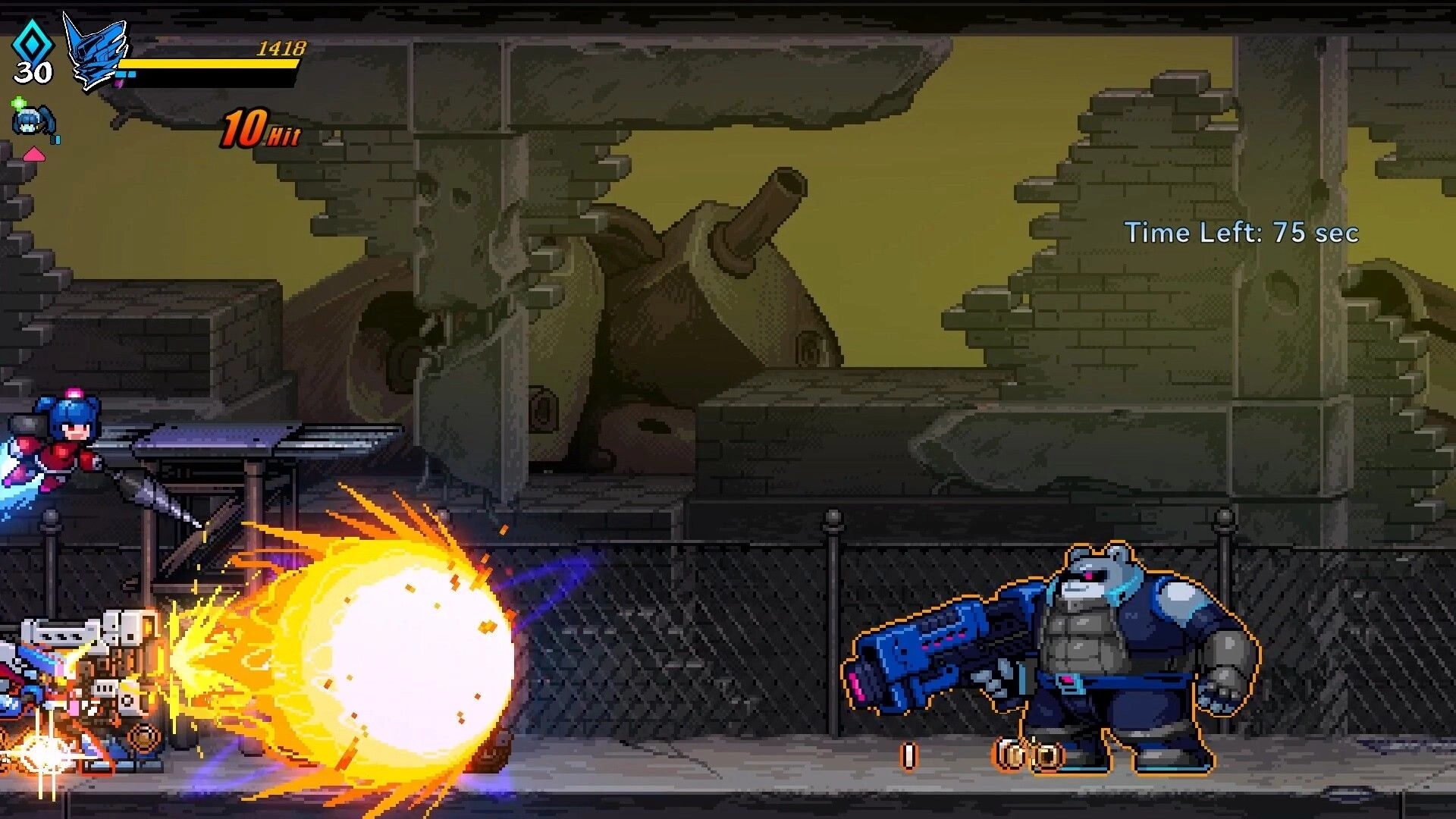 Super Alloy Crush: Kelly leaps over explosion, engaging enemy robot in a crumbling industrial setting.