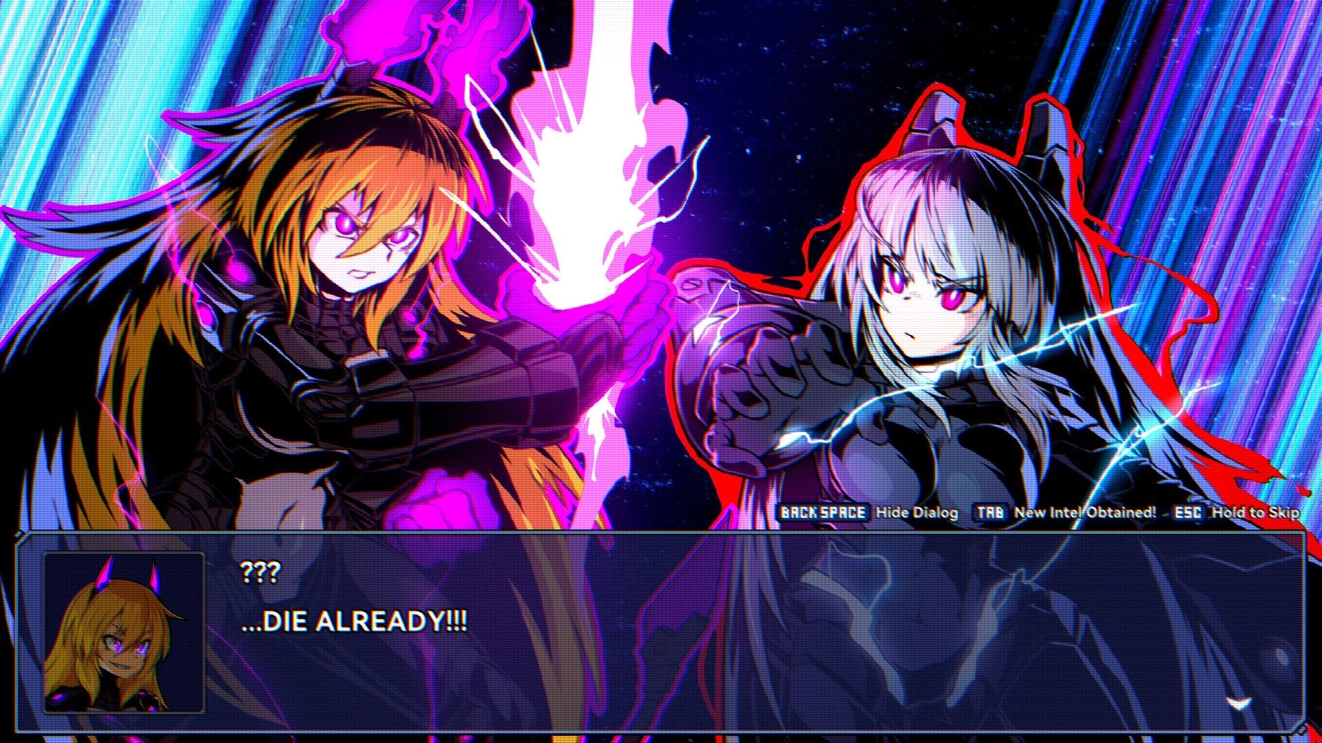Super Alloy Crush: Intense confrontation between Kelly and Muu with dialogue in cosmic backdrop