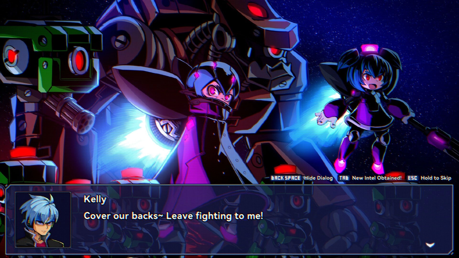 Super Alloy Crush: Kelly and Muu confront a giant mech in a cosmic battle setting with dialogue interface.