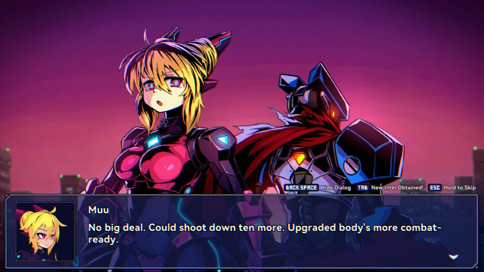 Super Alloy Crush: Muu standing in futuristic cityscape, dialogue box with combat readiness message
