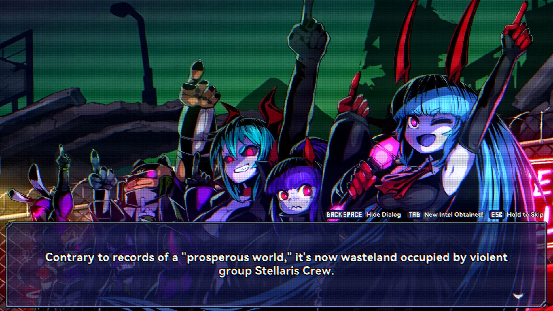 Super Alloy Crush: Stellaris Crew celebrating in dystopian wasteland with ominous dialogue displayed