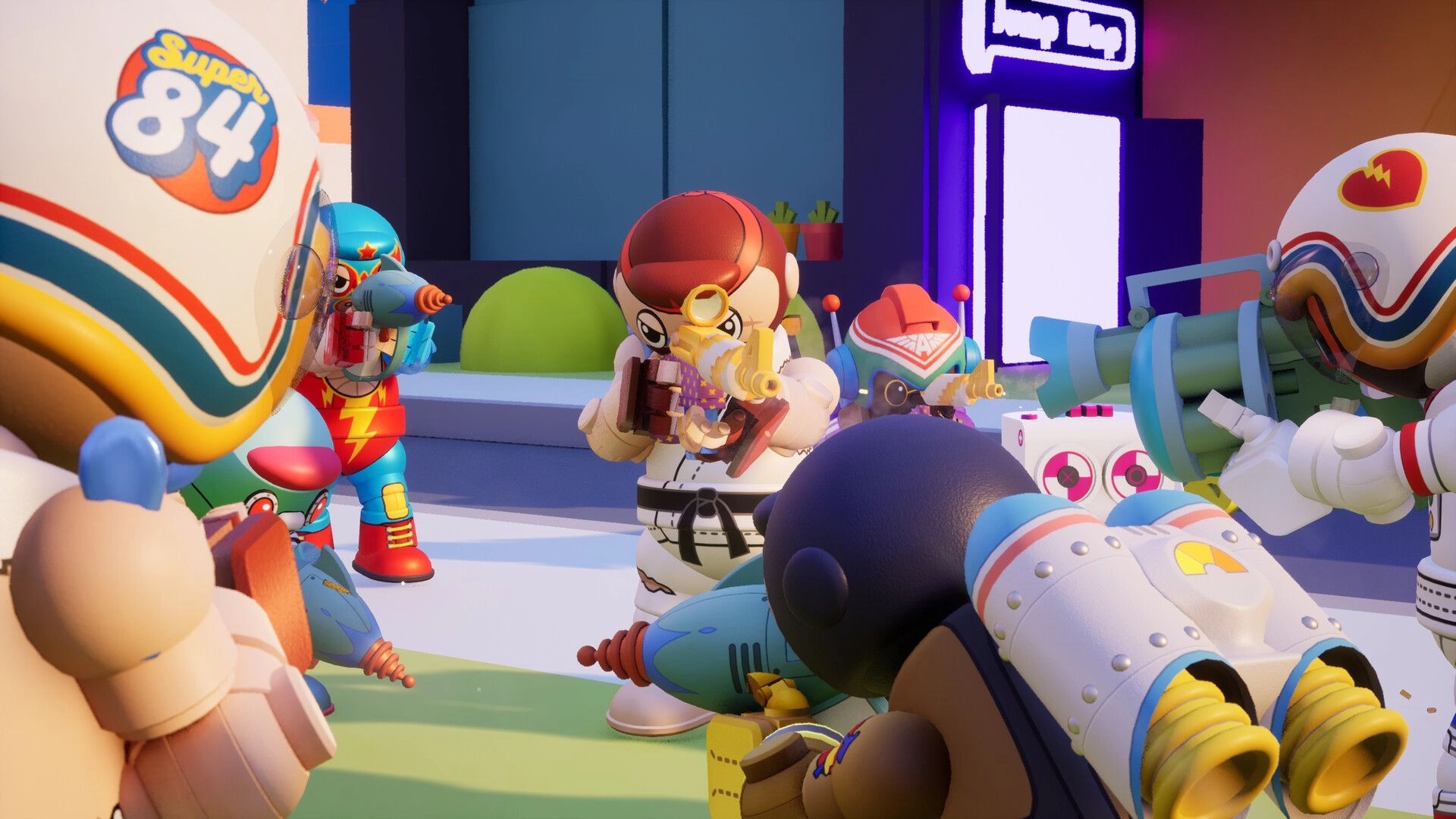 Super-B: Toy characters in colorful outfits engage in a playful battle with toy guns in a brick arena.