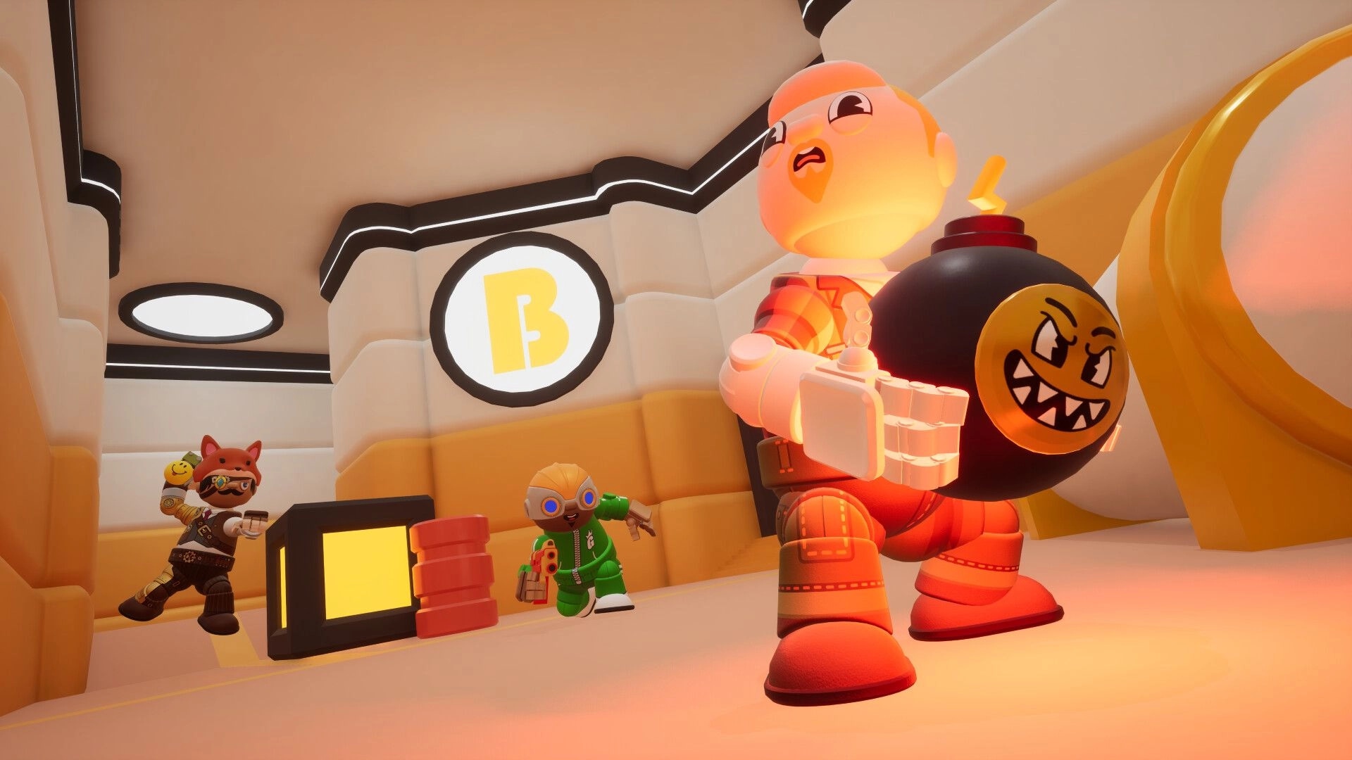 Super-B: Toy characters in a vibrant corridor, one holding a bomb with a grinning face, others armed.