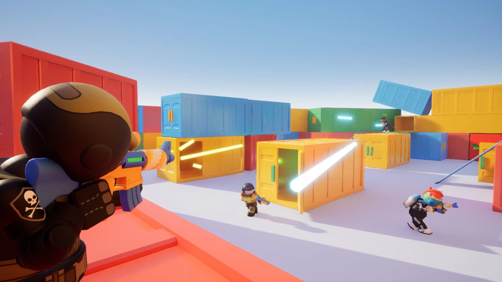 Super-B: Toy characters engage in a colorful container arena, firing energy weapons at each other