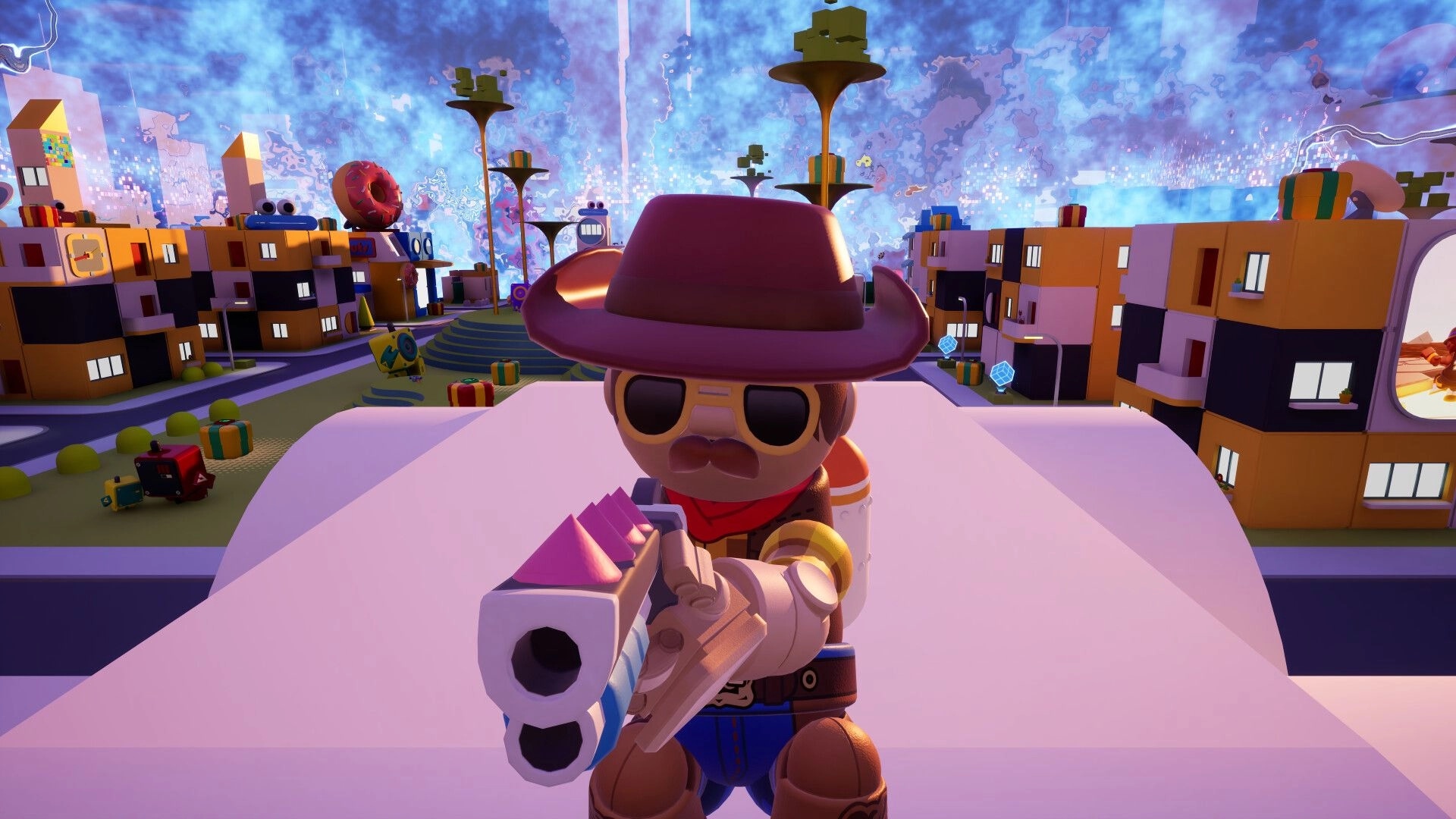 Super-B: Toy cowboy aims colorful cannon in vibrant, blocky cityscape with surreal sky backdrop