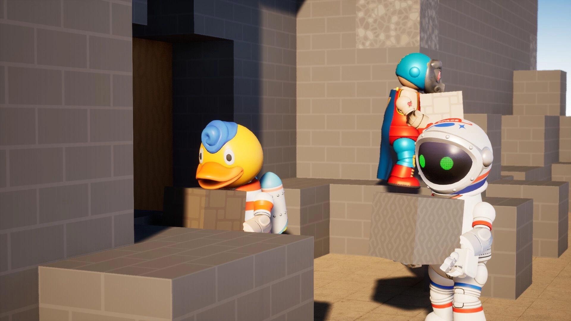 Super-B: Toy characters build with blocks in a brick world, featuring a duck, astronaut, and robot.